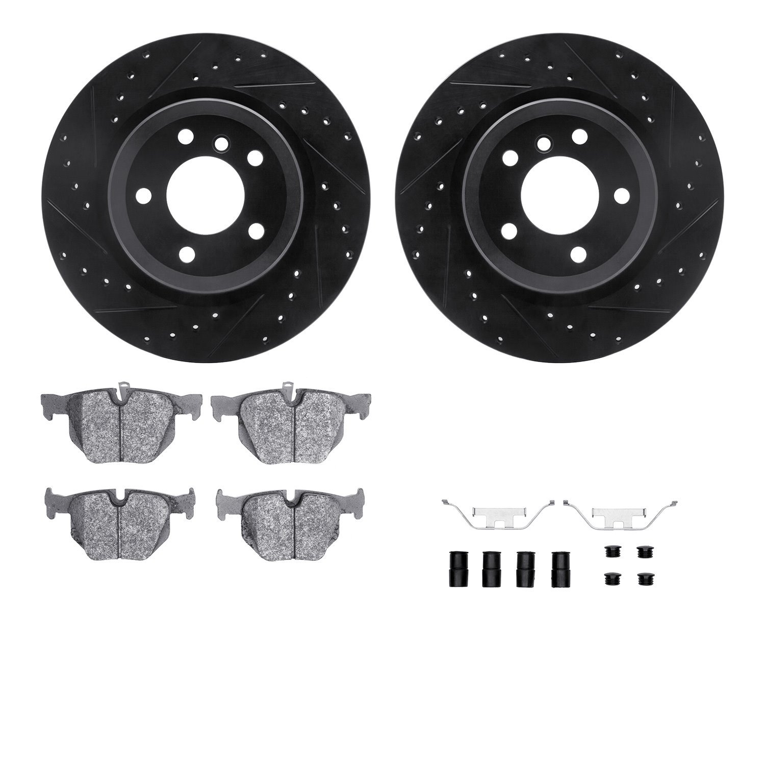 8312-31087 Drilled/Slotted Brake Rotors with 3000-Series Ceramic Brake Pads Kit & Hardware [Black], 2006-2015 BMW, Position: Rea