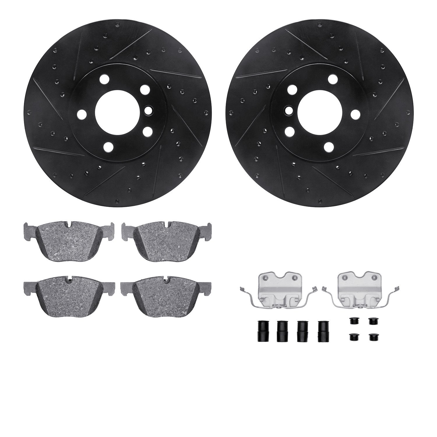 8312-31093 Drilled/Slotted Brake Rotors with 3000-Series Ceramic Brake Pads Kit & Hardware [Black], 2007-2019 BMW, Position: Fro