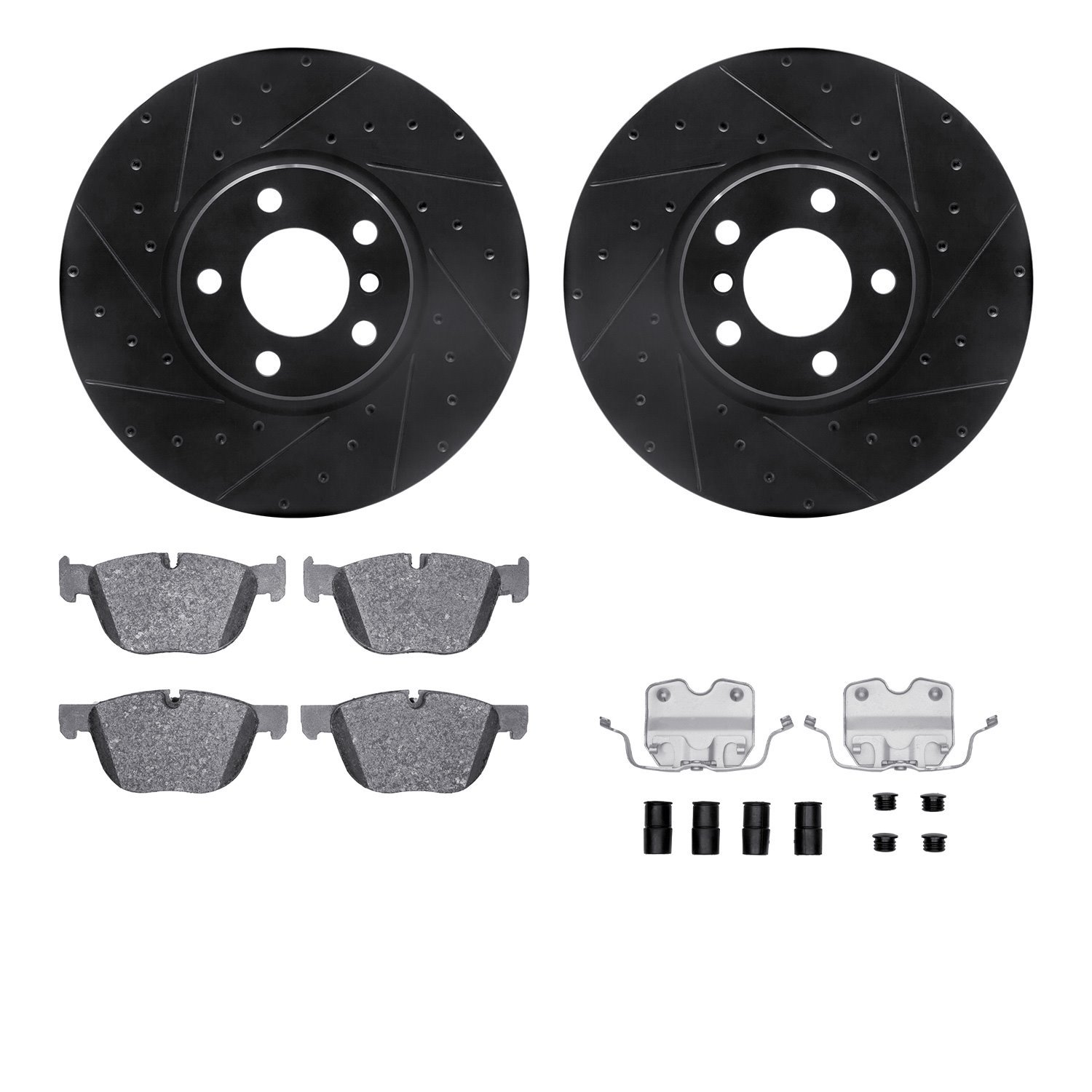 8312-31094 Dimpled/Slotted Brake Rotors with 3000-Series Ceramic Brake Pads Kit & Hardware [Black], 2016-2018 BMW, Position: Fro
