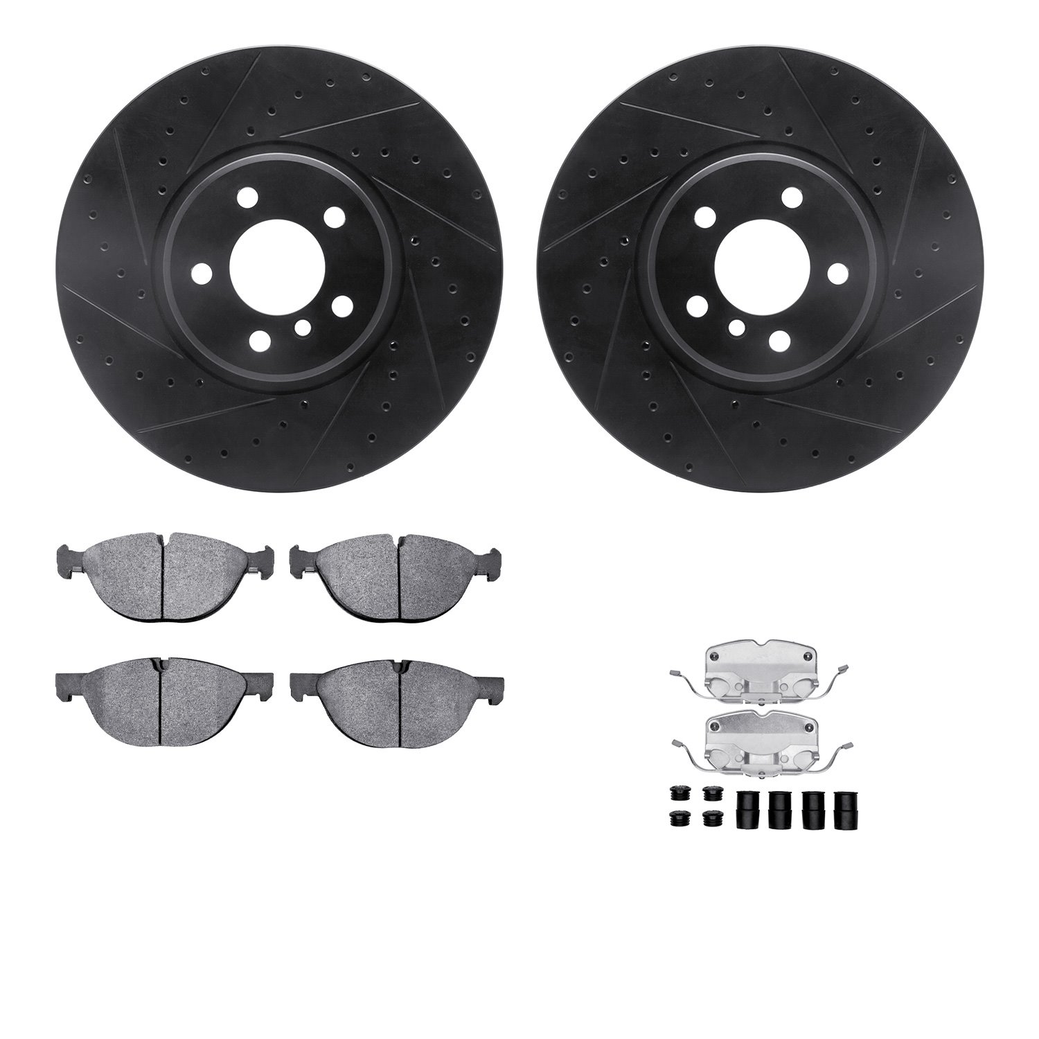8312-31097 Drilled/Slotted Brake Rotors with 3000-Series Ceramic Brake Pads Kit & Hardware [Black], 2008-2019 BMW, Position: Fro
