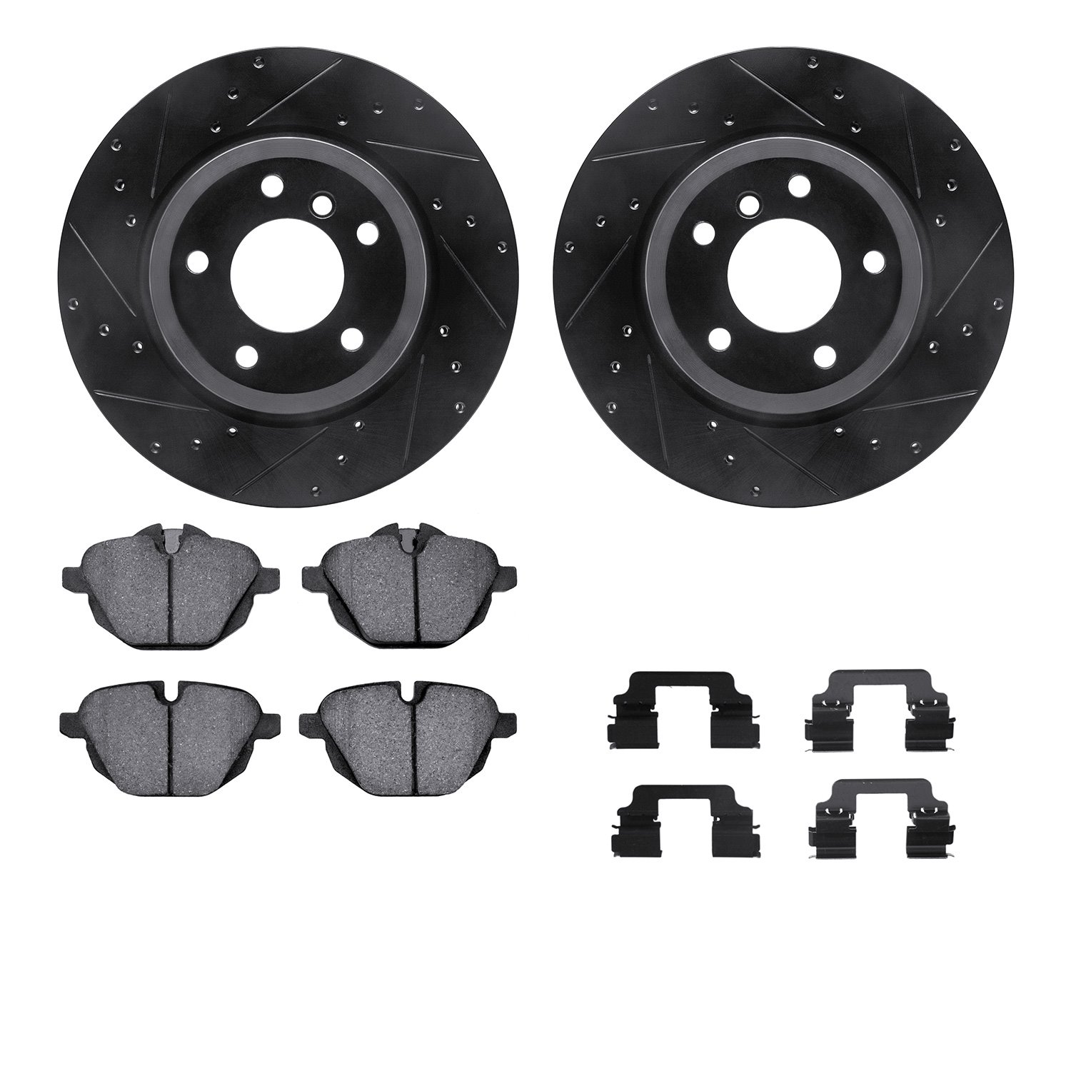 8312-31104 Drilled/Slotted Brake Rotors with 3000-Series Ceramic Brake Pads Kit & Hardware [Black], 2011-2016 BMW, Position: Rea