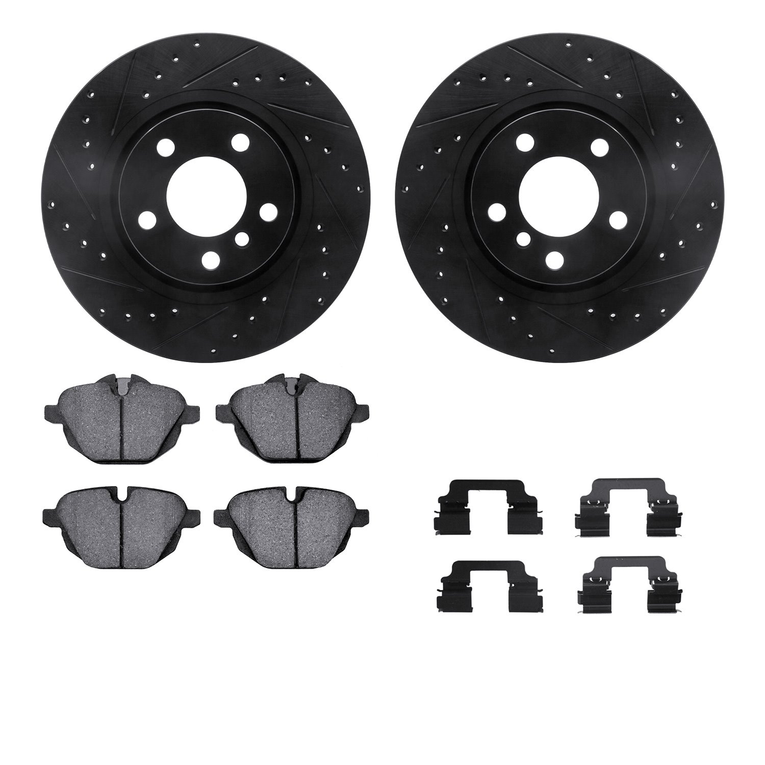 8312-31105 Drilled/Slotted Brake Rotors with 3000-Series Ceramic Brake Pads Kit & Hardware [Black], 2011-2018 BMW, Position: Rea