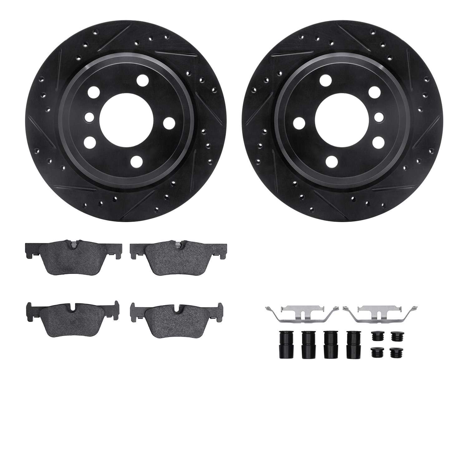 8312-31117 Drilled/Slotted Brake Rotors with 3000-Series Ceramic Brake Pads Kit & Hardware [Black], 2013-2020 BMW, Position: Rea