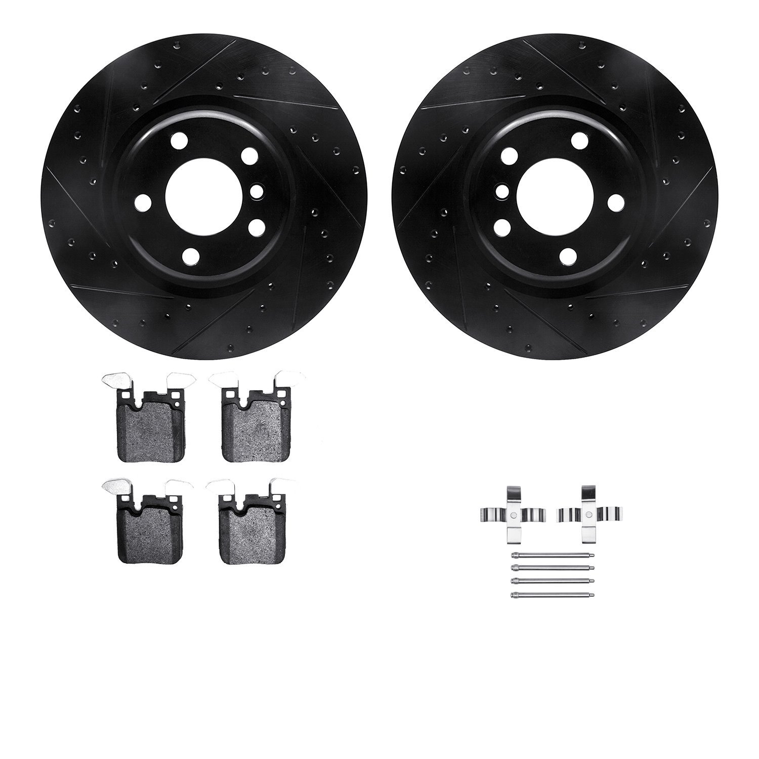8312-31118 Drilled/Slotted Brake Rotors with 3000-Series Ceramic Brake Pads Kit & Hardware [Black], 2012-2020 BMW, Position: Rea