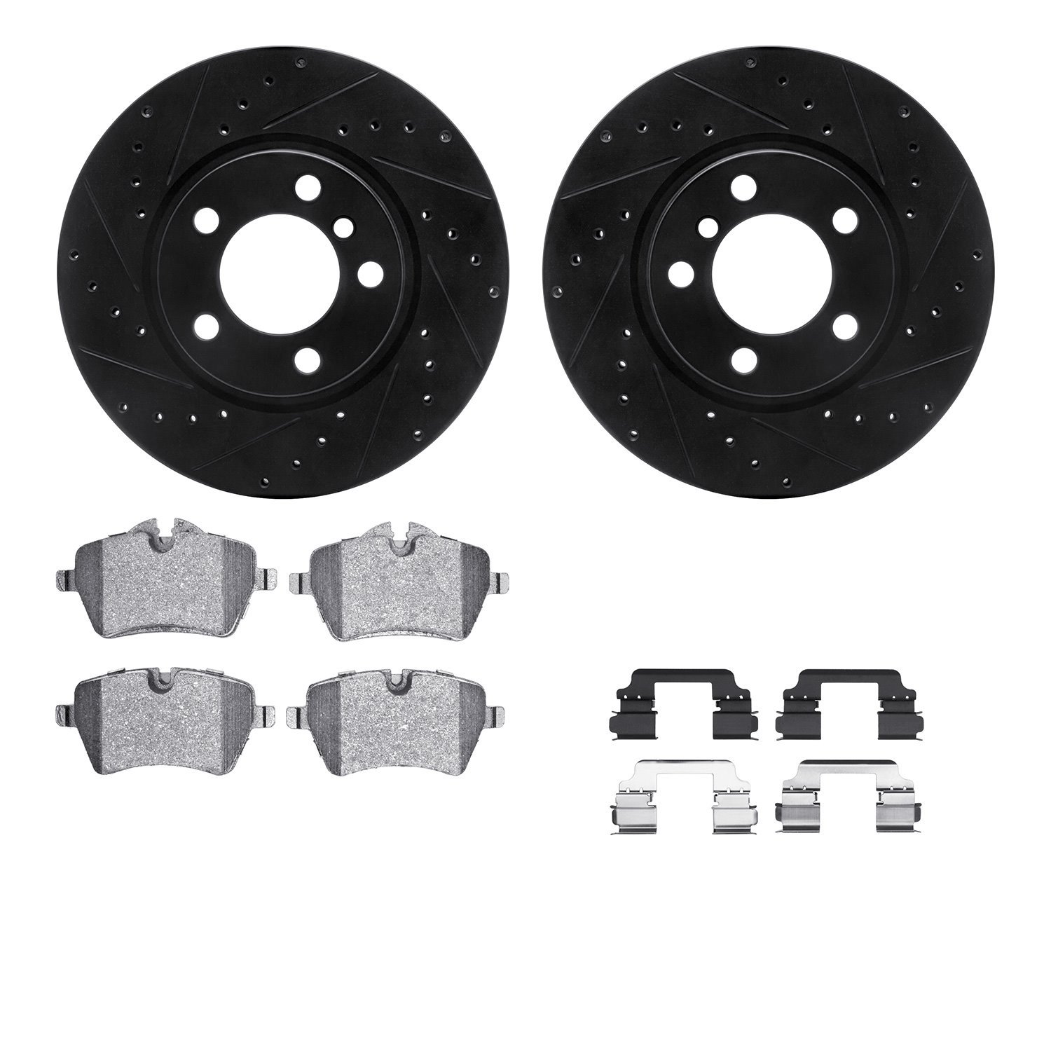 8312-32005 Drilled/Slotted Brake Rotors with 3000-Series Ceramic Brake Pads Kit & Hardware [Black], 2011-2016 Mini, Position: Fr
