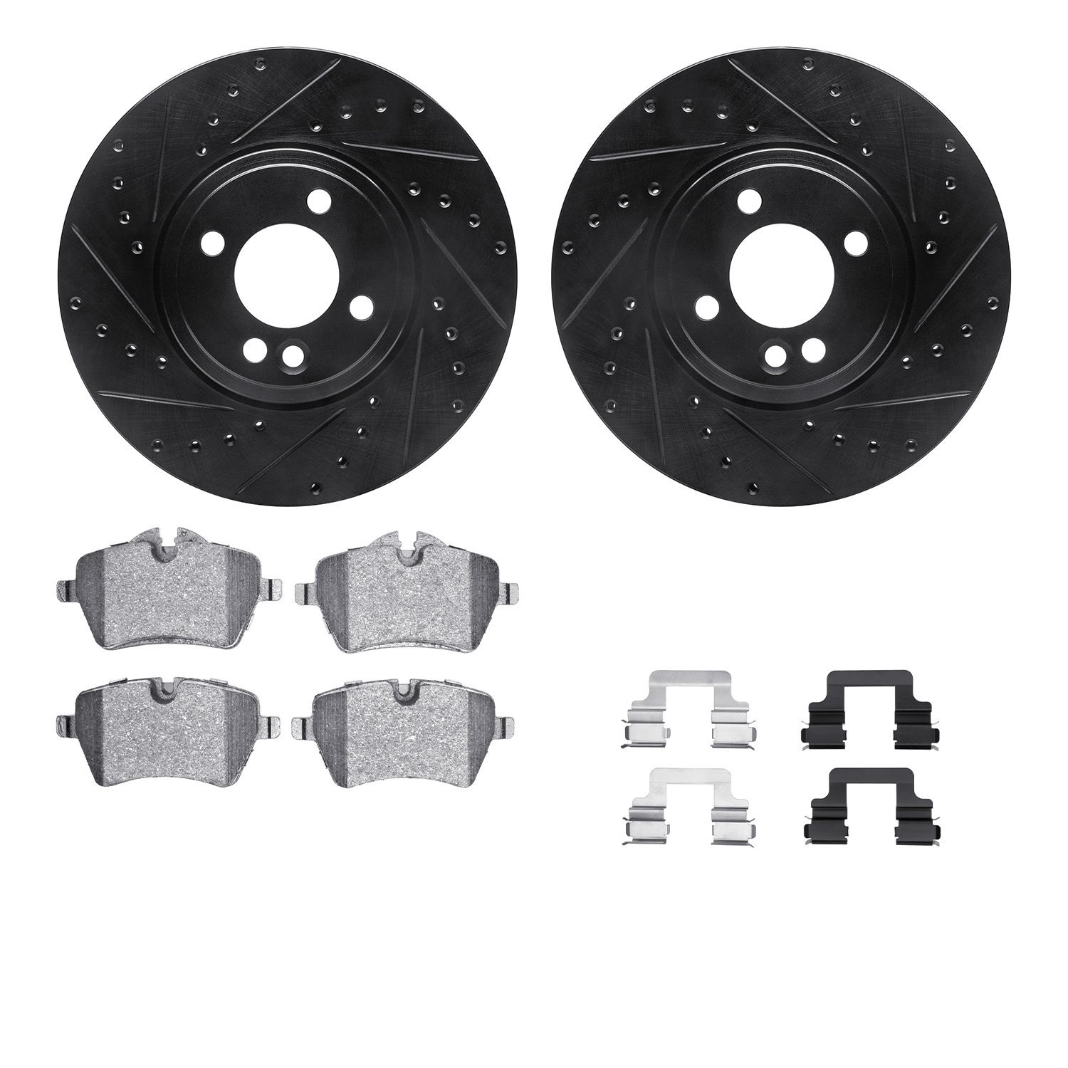 8312-32006 Drilled/Slotted Brake Rotors with 3000-Series Ceramic Brake Pads Kit & Hardware [Black], 2002-2006 Mini, Position: Fr