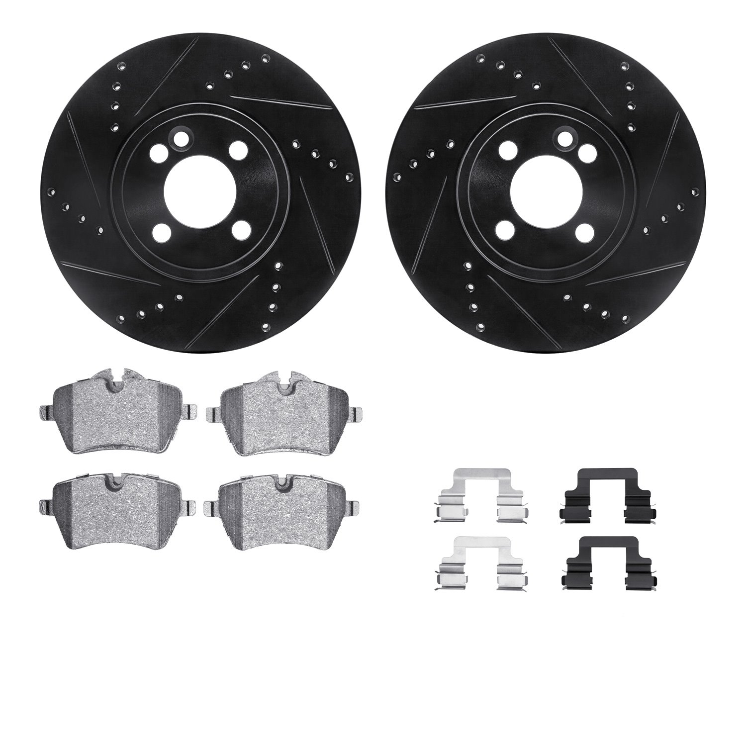 8312-32007 Drilled/Slotted Brake Rotors with 3000-Series Ceramic Brake Pads Kit & Hardware [Black], 2007-2015 Mini, Position: Fr