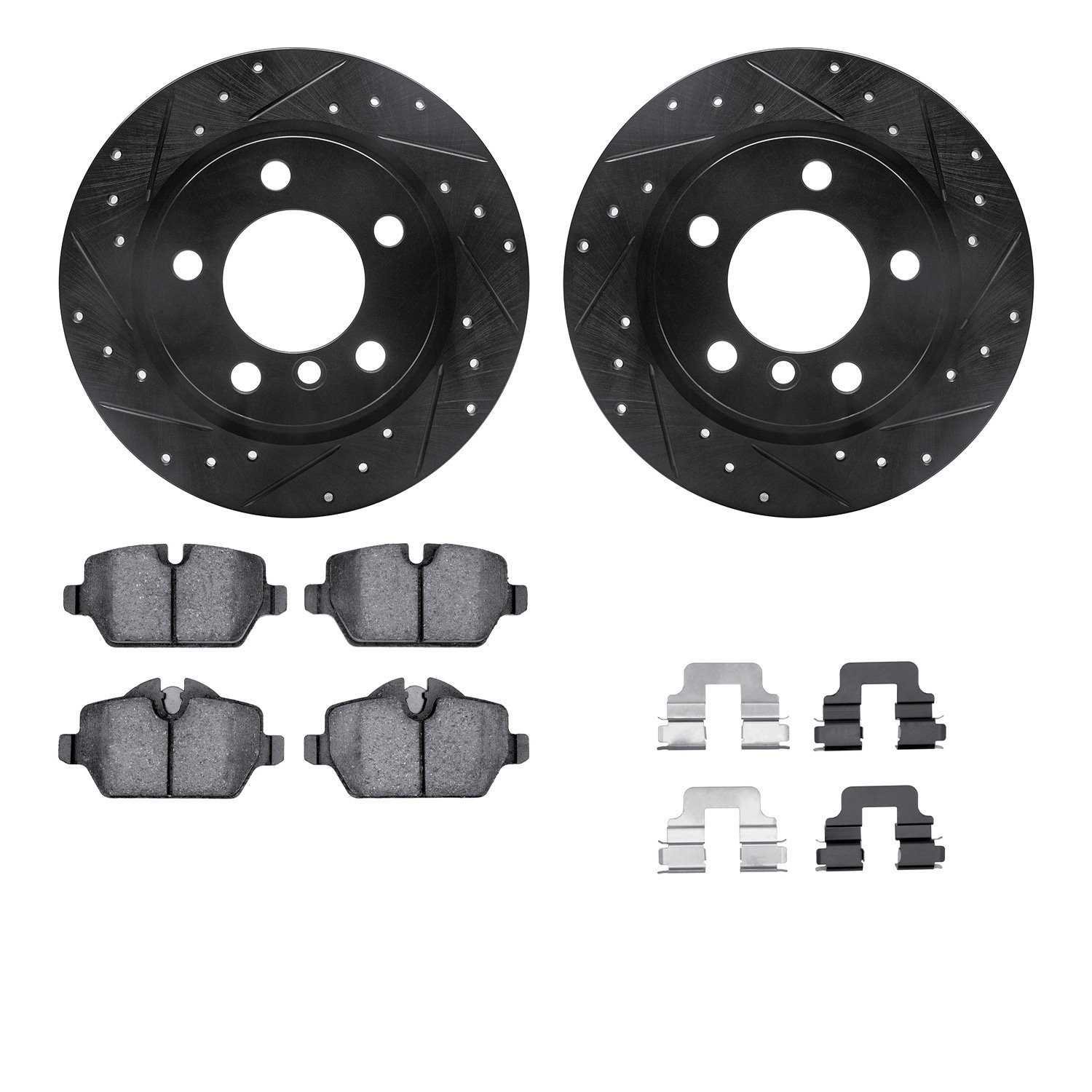8312-32009 Drilled/Slotted Brake Rotors with 3000-Series Ceramic Brake Pads Kit & Hardware [Black], 2011-2016 Mini, Position: Re