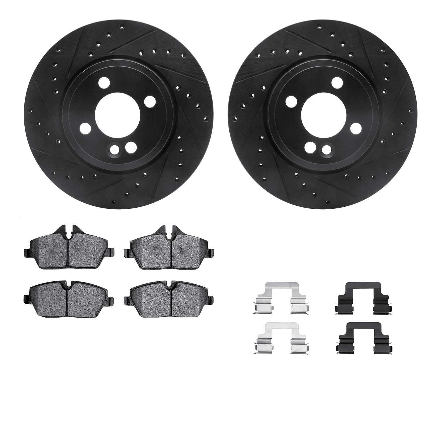 8312-32011 Drilled/Slotted Brake Rotors with 3000-Series Ceramic Brake Pads Kit & Hardware [Black], 2007-2015 Mini, Position: Fr