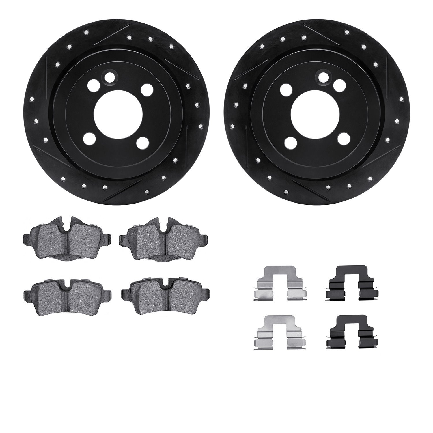 8312-32013 Drilled/Slotted Brake Rotors with 3000-Series Ceramic Brake Pads Kit & Hardware [Black], 2007-2015 Mini, Position: Re