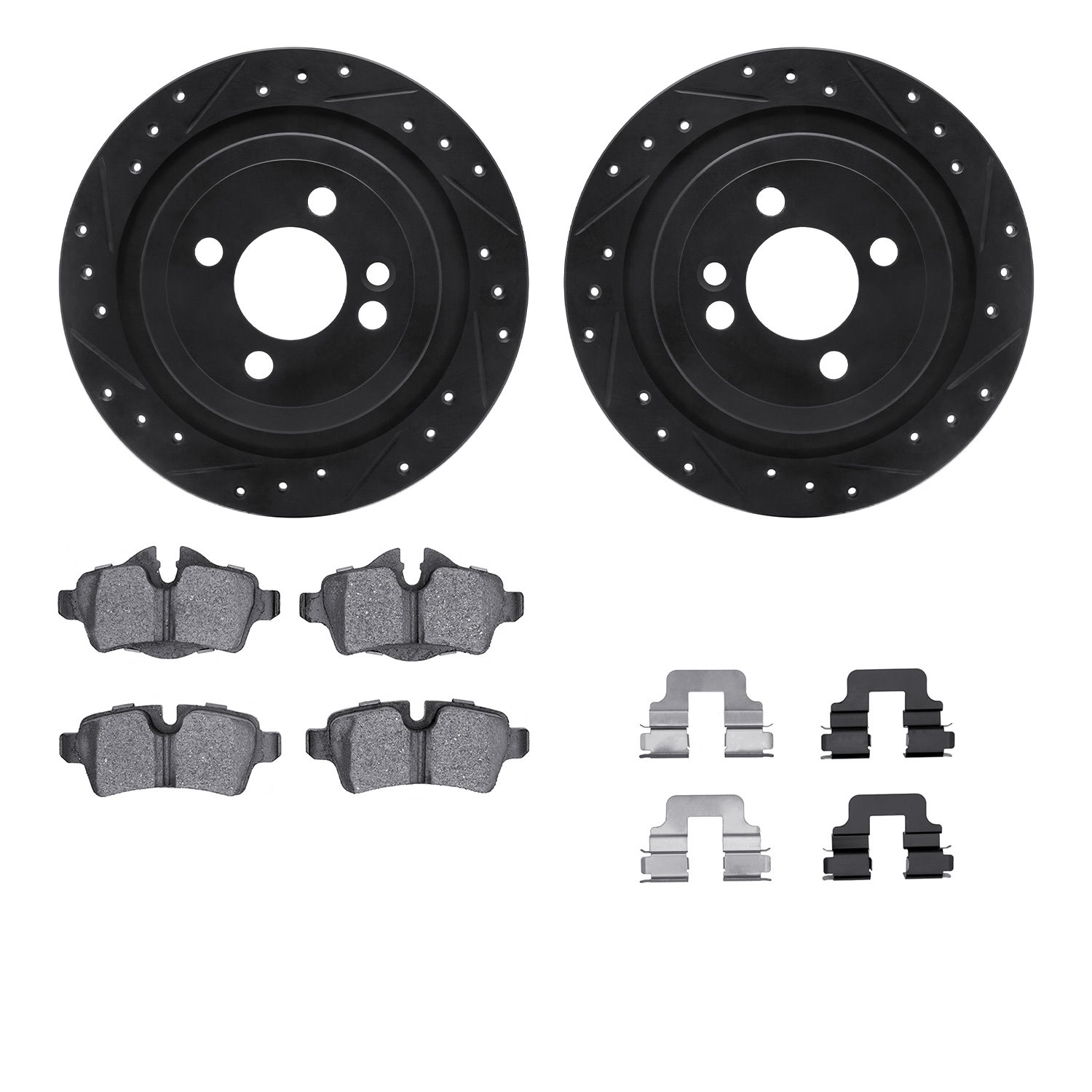 8312-32014 Drilled/Slotted Brake Rotors with 3000-Series Ceramic Brake Pads Kit & Hardware [Black], 2009-2014 Mini, Position: Re