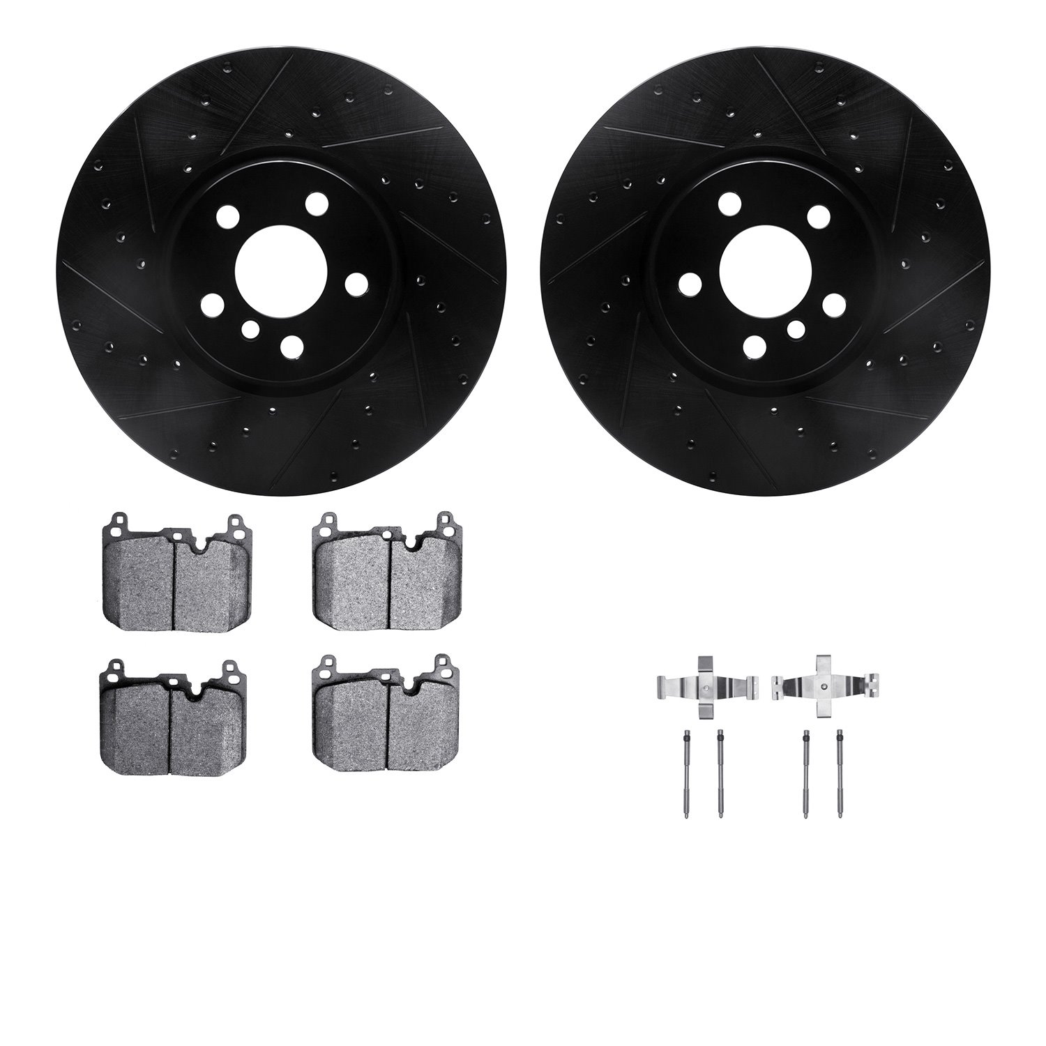 8312-32018 Drilled/Slotted Brake Rotors with 3000-Series Ceramic Brake Pads Kit & Hardware [Black], 2015-2019 Mini, Position: Fr