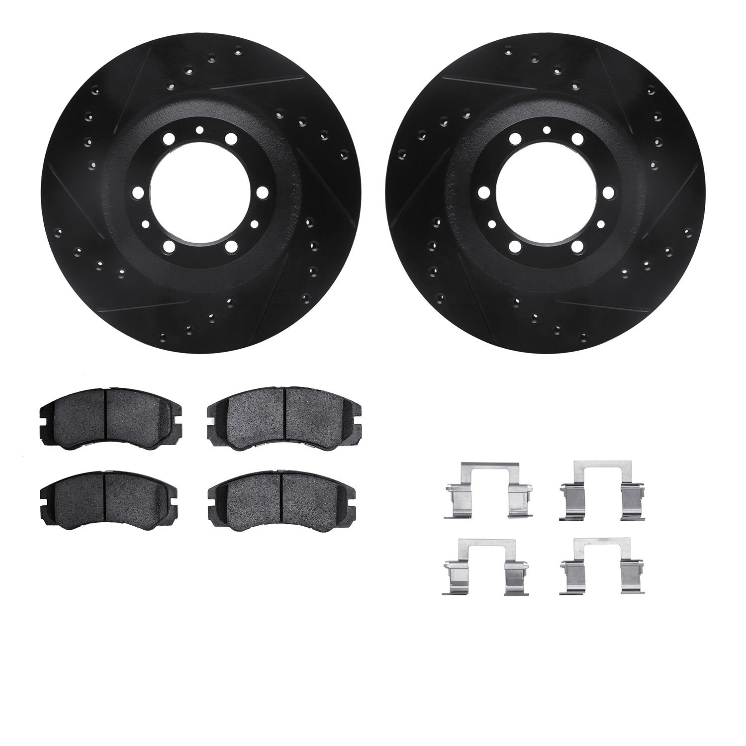 8312-37012 Drilled/Slotted Brake Rotors with 3000-Series Ceramic Brake Pads Kit & Hardware [Black], 1992-2002 Multiple Makes/Mod