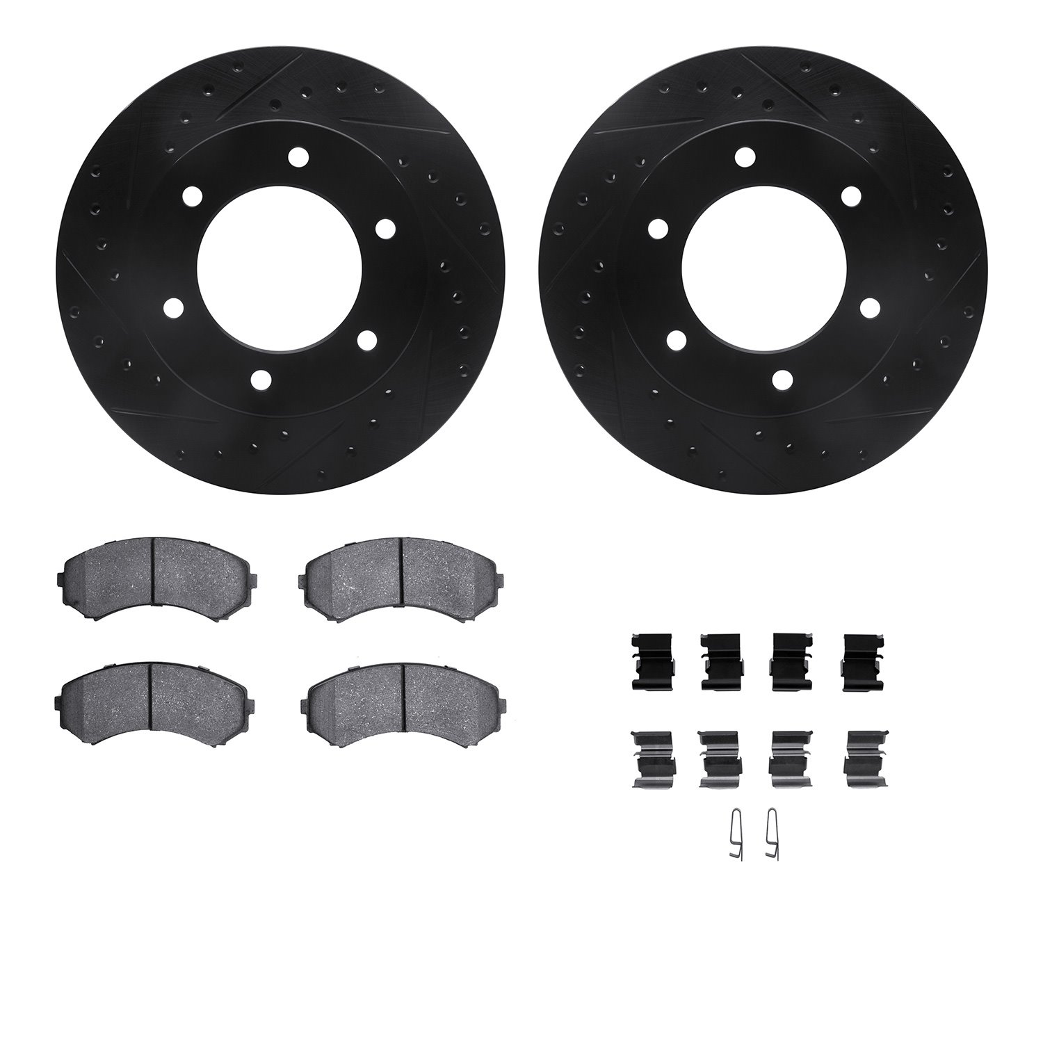 8312-37015 Drilled/Slotted Brake Rotors with 3000-Series Ceramic Brake Pads Kit & Hardware [Black], 2001-2004 Multiple Makes/Mod