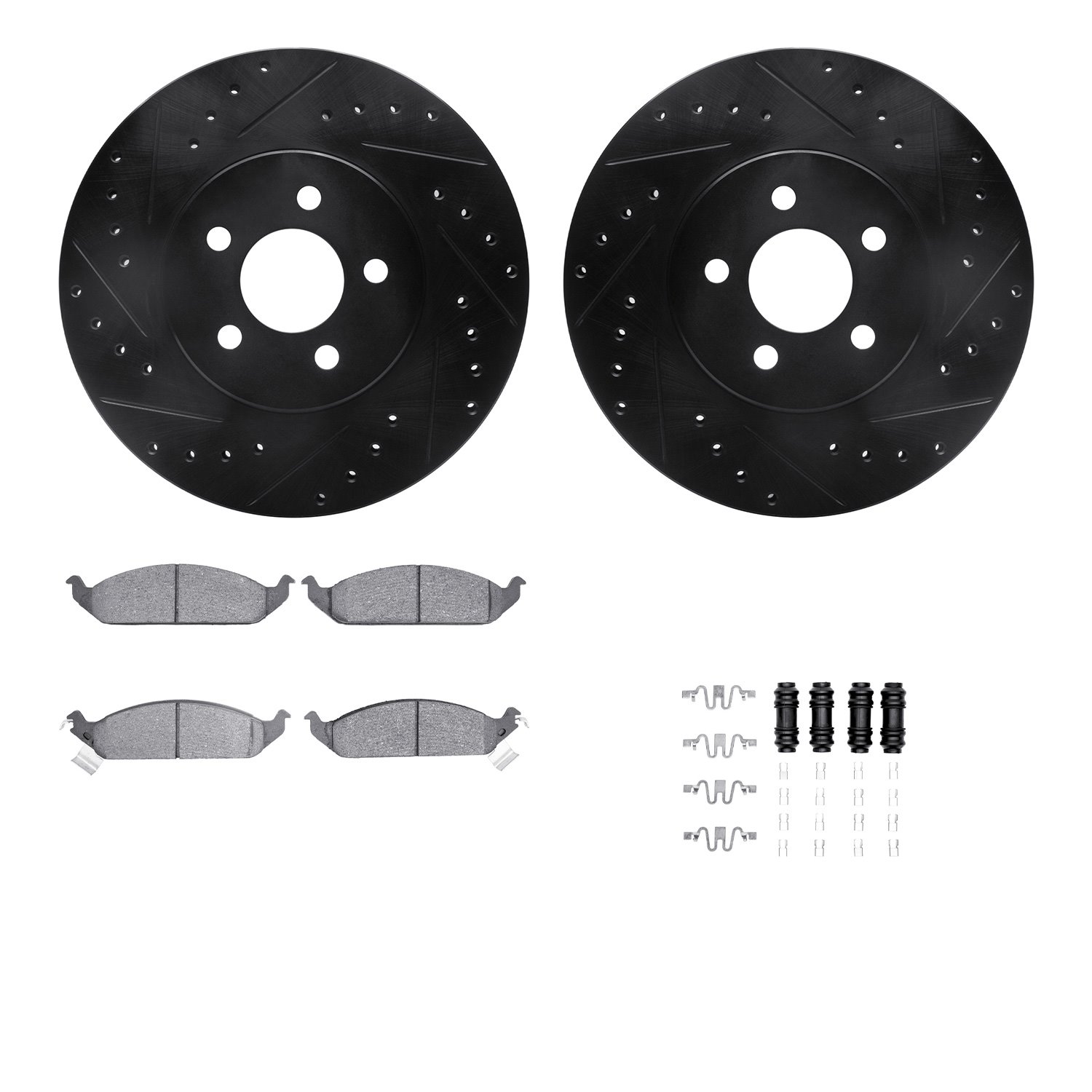 8312-39023 Drilled/Slotted Brake Rotors with 3000-Series Ceramic Brake Pads Kit & Hardware [Black], 1995-2000 Mopar, Position: F