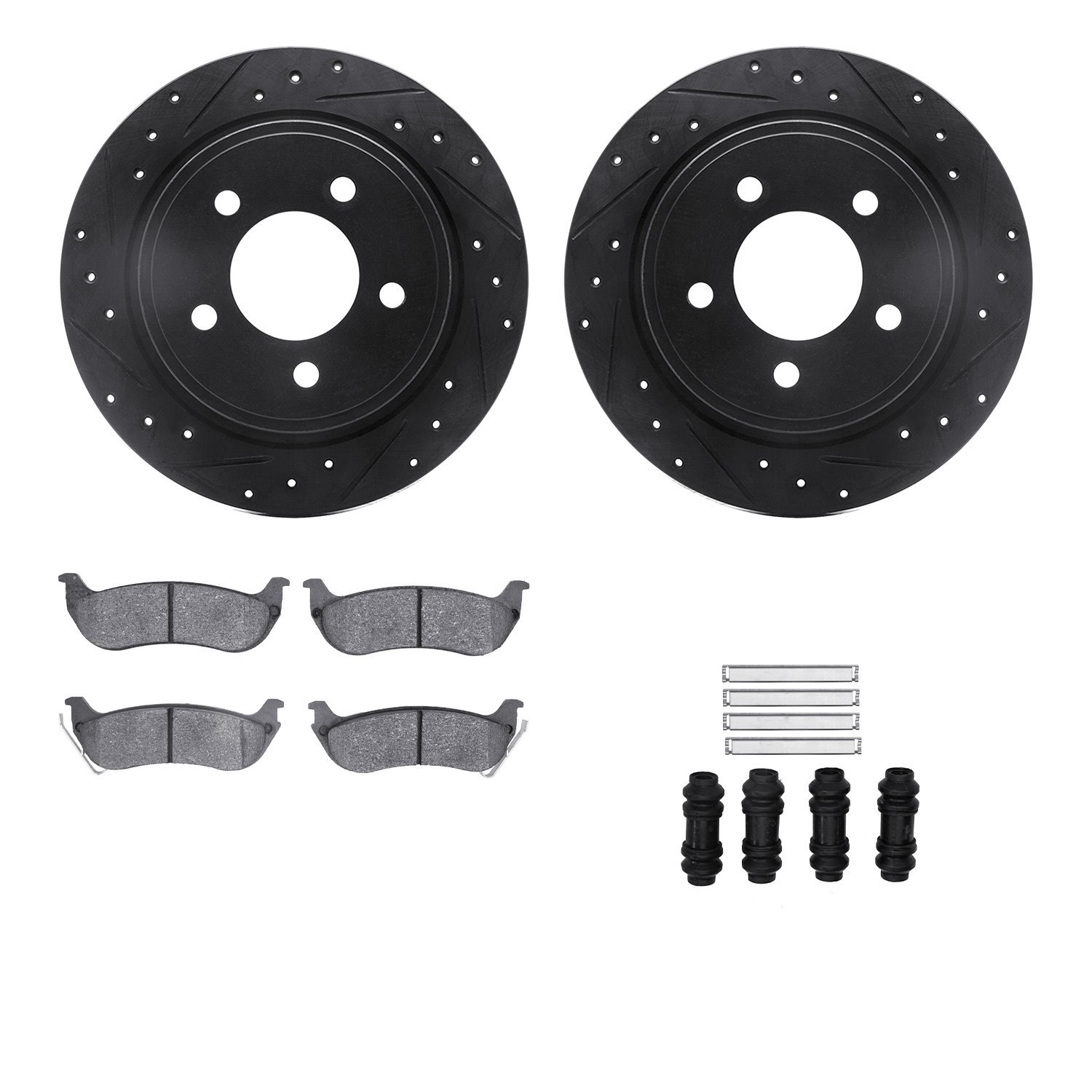 8312-39030 Drilled/Slotted Brake Rotors with 3000-Series Ceramic Brake Pads Kit & Hardware [Black], 2004-2008 Mopar, Position: R