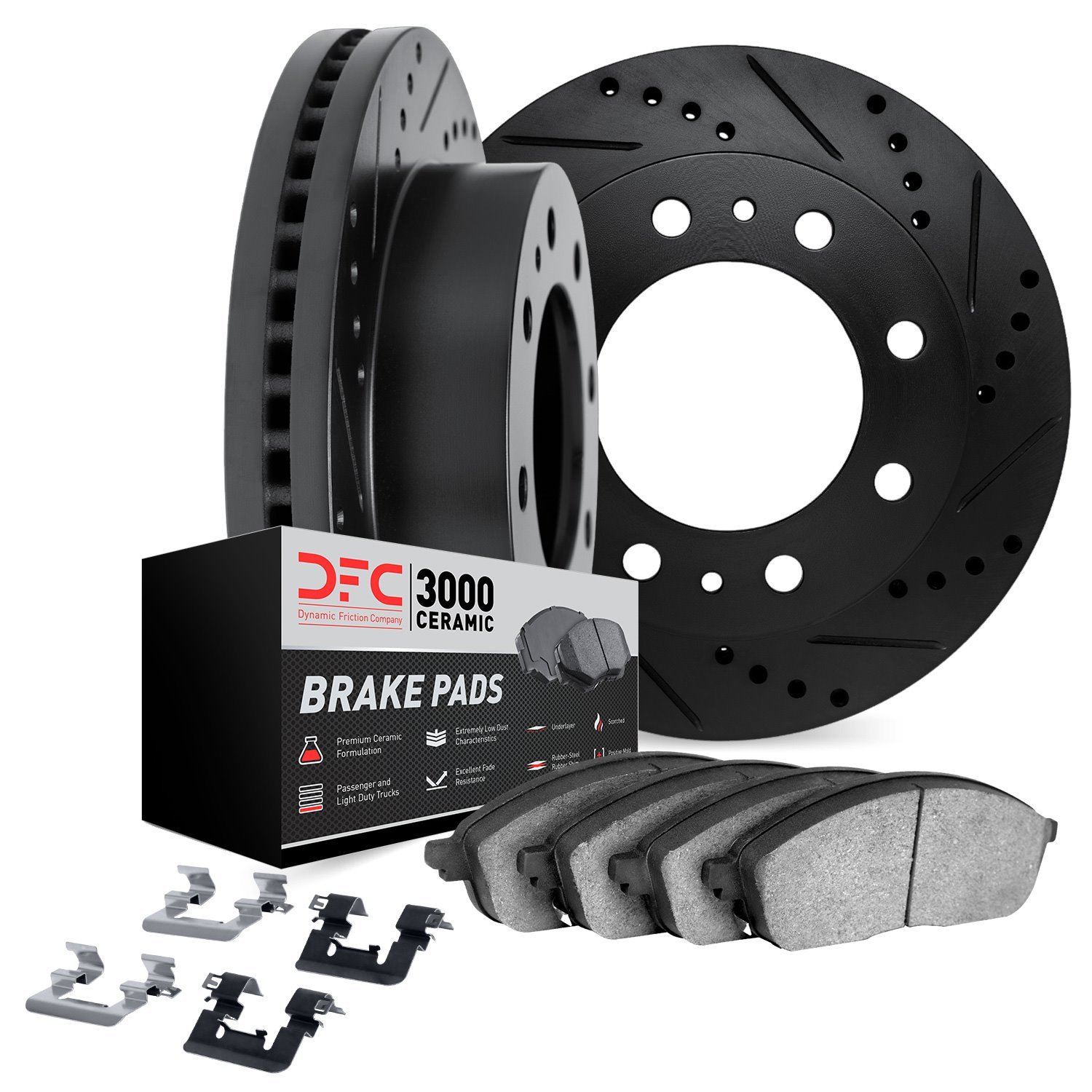 8312-40011 Drilled/Slotted Brake Rotors with 3000-Series Ceramic Brake Pads Kit & Hardware [Black], 1973-1977 Mopar, Position: F