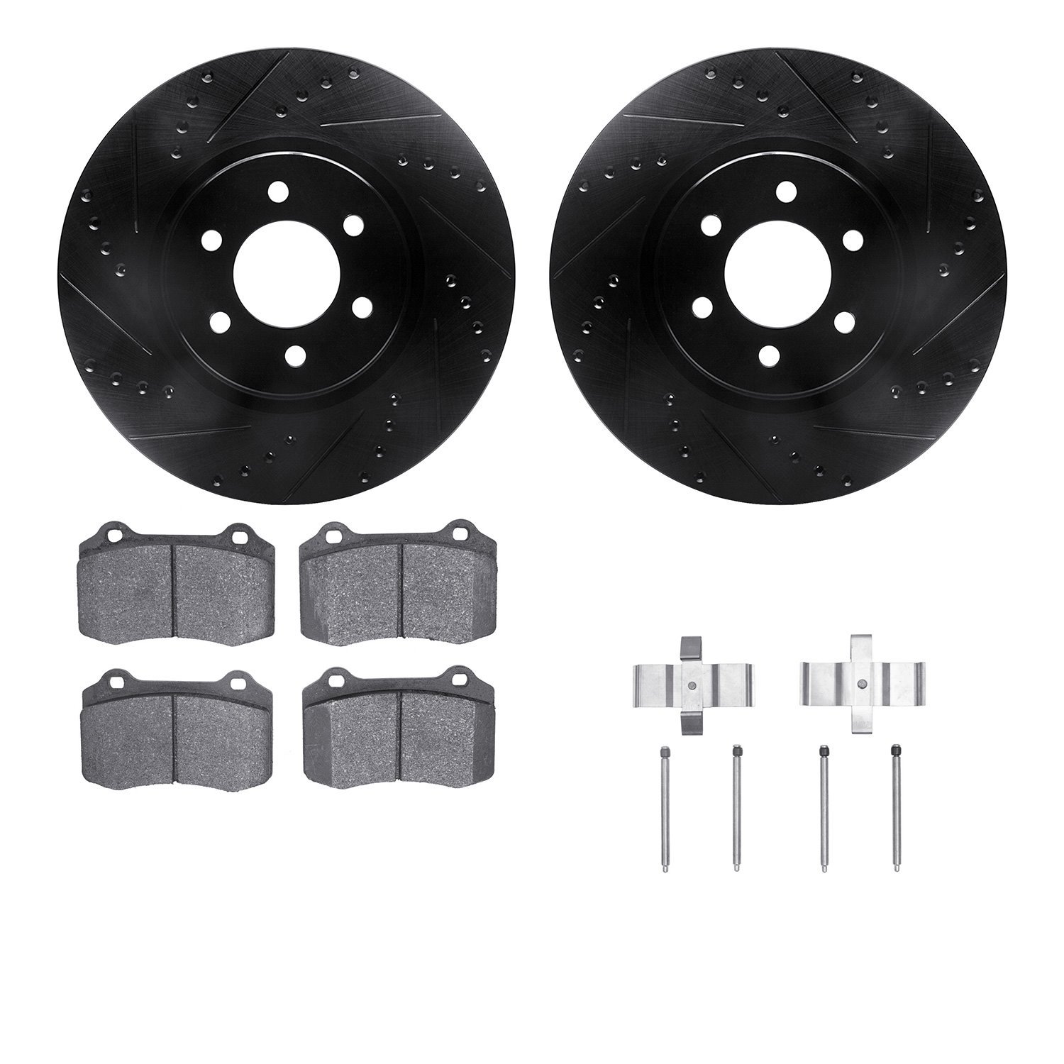 8312-40061 Drilled/Slotted Brake Rotors with 3000-Series Ceramic Brake Pads Kit & Hardware [Black], 1992-2002 Mopar, Position: F