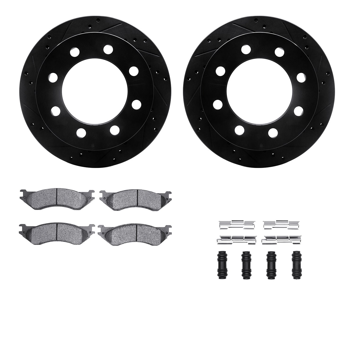 8312-40068 Drilled/Slotted Brake Rotors with 3000-Series Ceramic Brake Pads Kit & Hardware [Black], 2000-2002 Mopar, Position: R