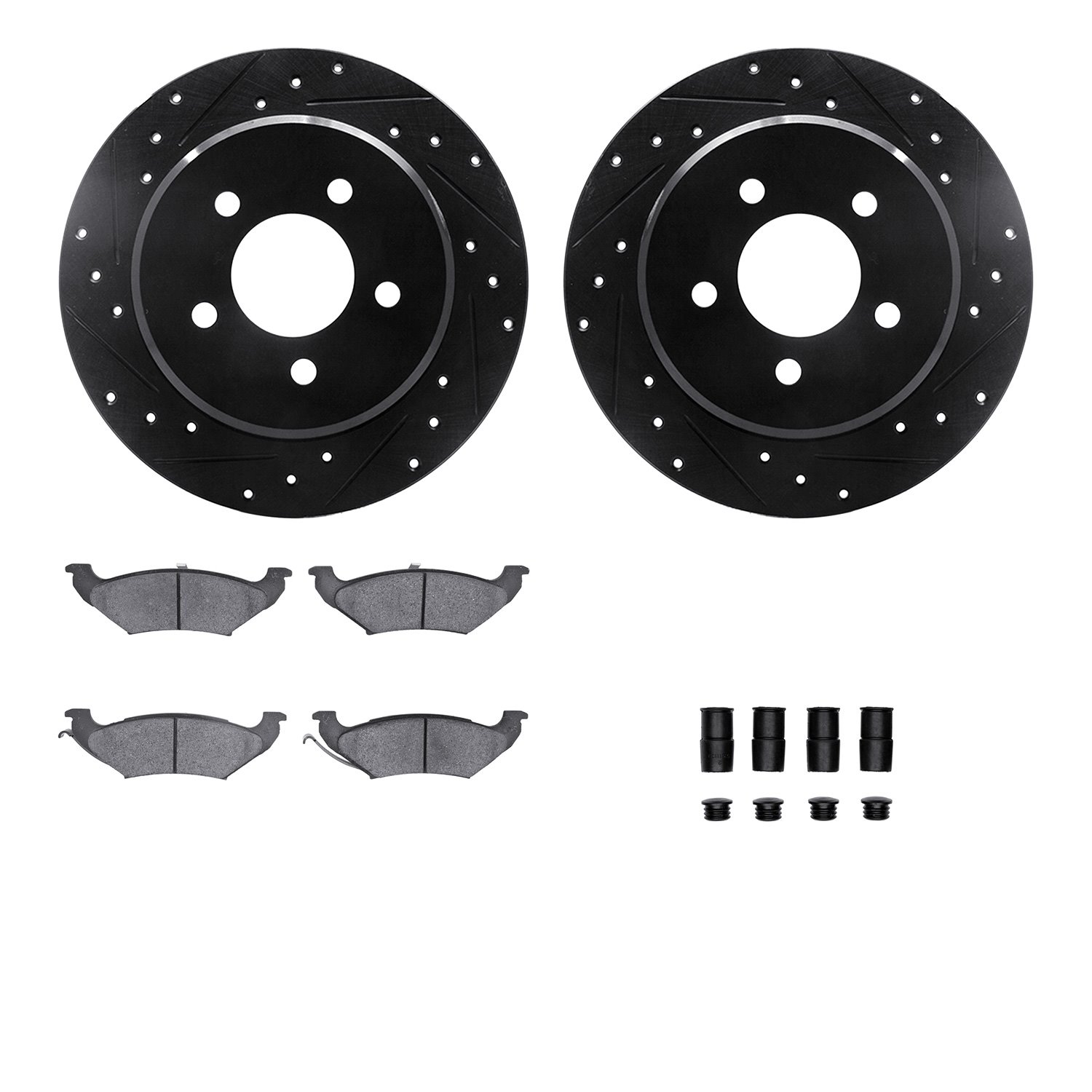 8312-40072 Drilled/Slotted Brake Rotors with 3000-Series Ceramic Brake Pads Kit & Hardware [Black], 1997-2000 Mopar, Position: R