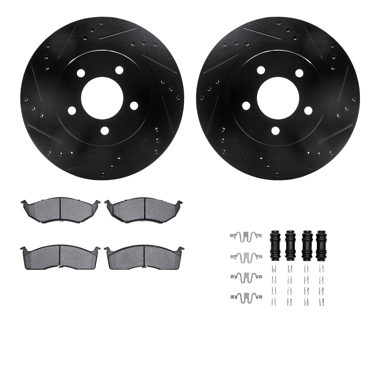 8312-40074 Drilled/Slotted Brake Rotors with 3000-Series Ceramic Brake Pads Kit & Hardware [Black], 1998-2004 Mopar, Position: F