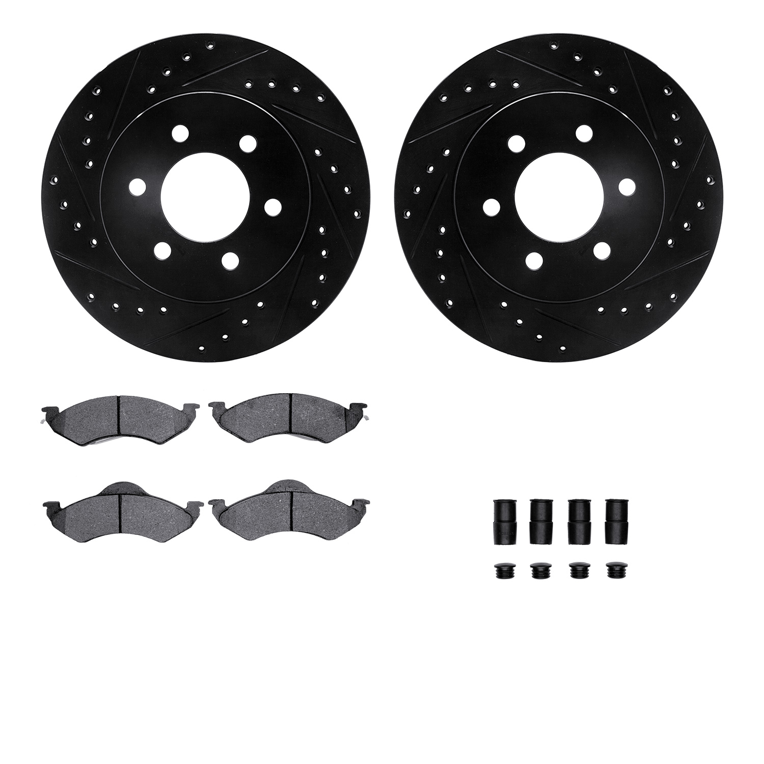 8312-40076 Drilled/Slotted Brake Rotors with 3000-Series Ceramic Brake Pads Kit & Hardware [Black], 1998-1999 Mopar, Position: F