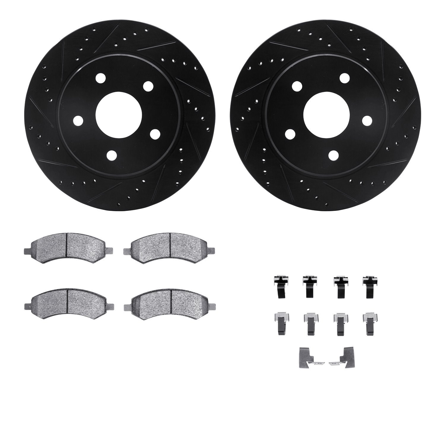 8312-40090 Drilled/Slotted Brake Rotors with 3000-Series Ceramic Brake Pads Kit & Hardware [Black], 2006-2018 Mopar, Position: F