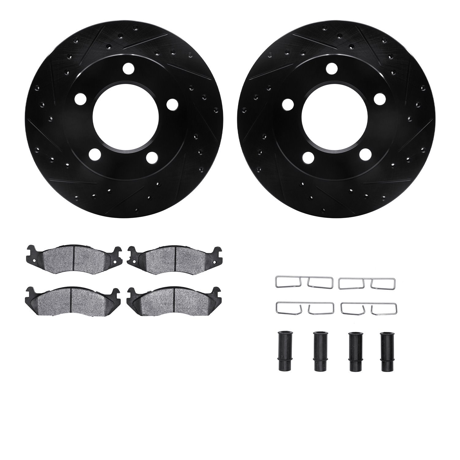 8312-42012 Drilled/Slotted Brake Rotors with 3000-Series Ceramic Brake Pads Kit & Hardware [Black], 1982-1986 Mopar, Position: F