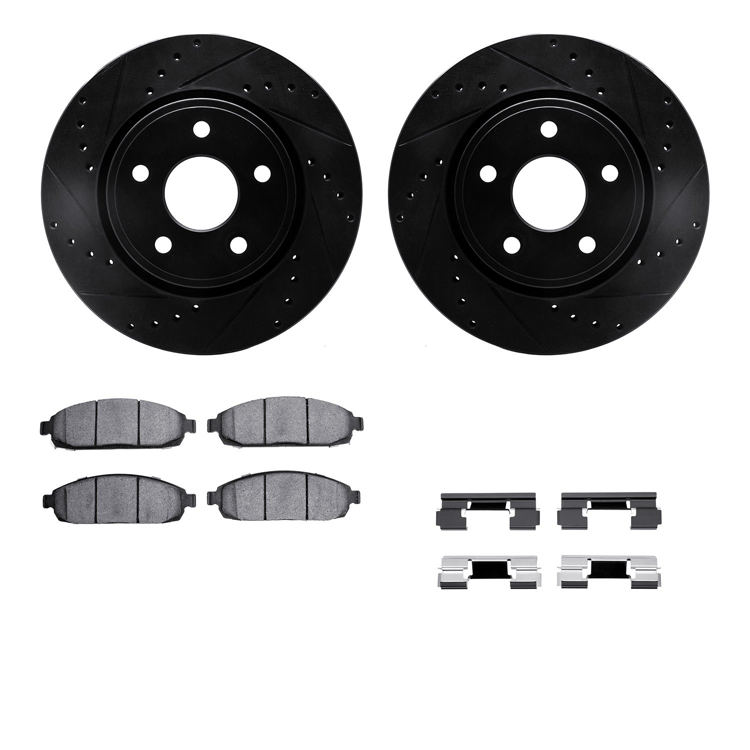 8312-42026 Drilled/Slotted Brake Rotors with 3000-Series Ceramic Brake Pads Kit & Hardware [Black], 2005-2010 Mopar, Position: F