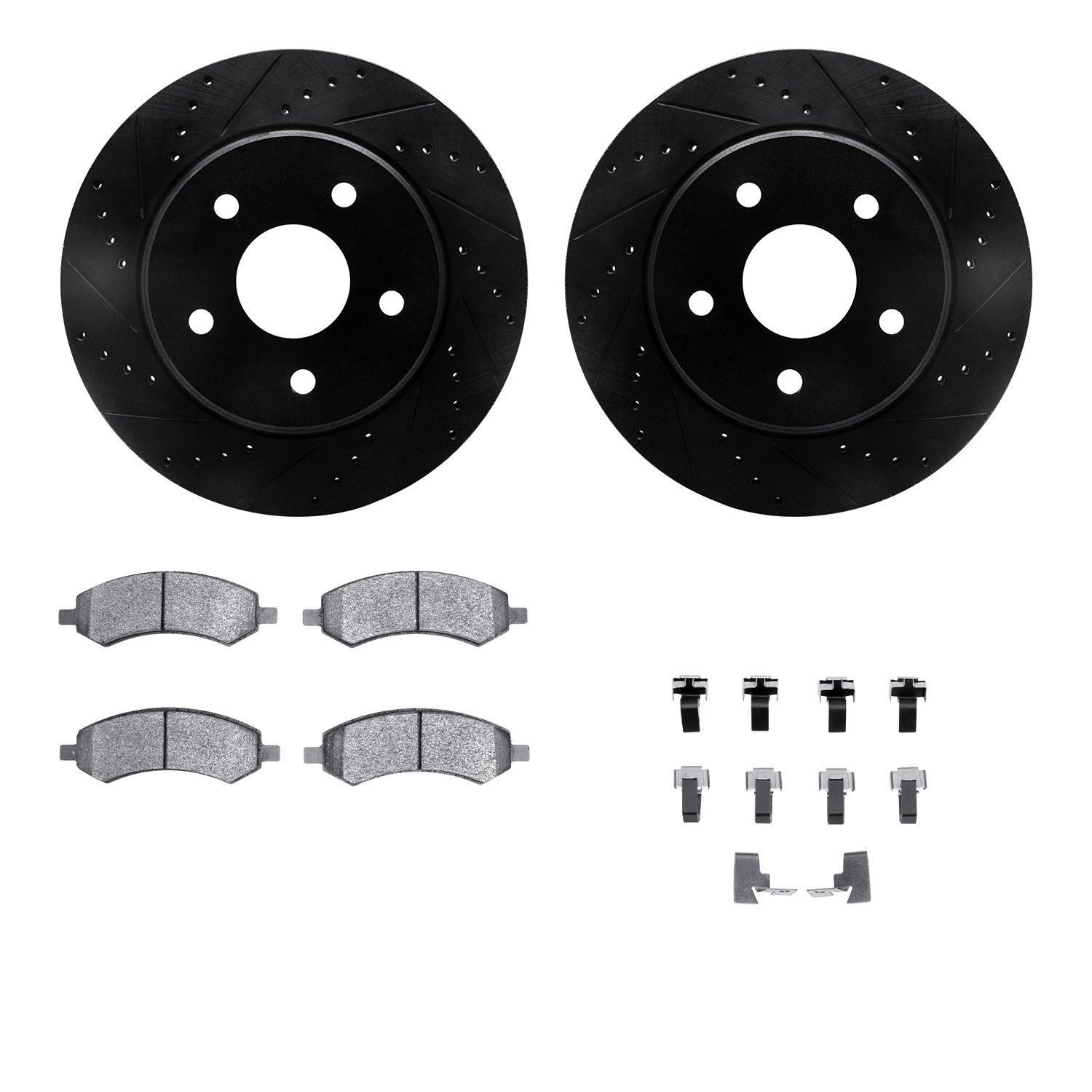 8312-42027 Drilled/Slotted Brake Rotors with 3000-Series Ceramic Brake Pads Kit & Hardware [Black], 2008-2012 Mopar, Position: F