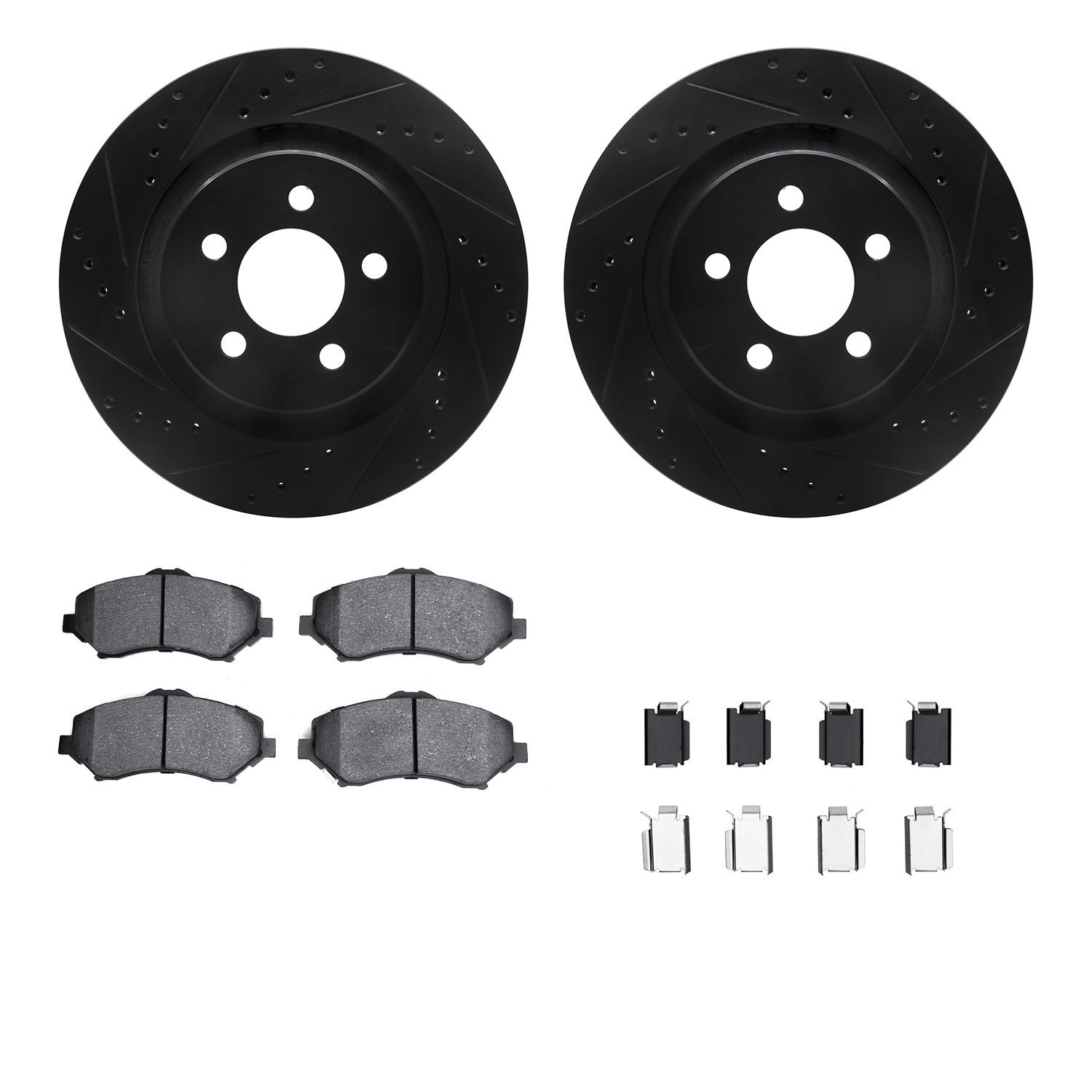 8312-42031 Drilled/Slotted Brake Rotors with 3000-Series Ceramic Brake Pads Kit & Hardware [Black], 2011-2012 Mopar, Position: F