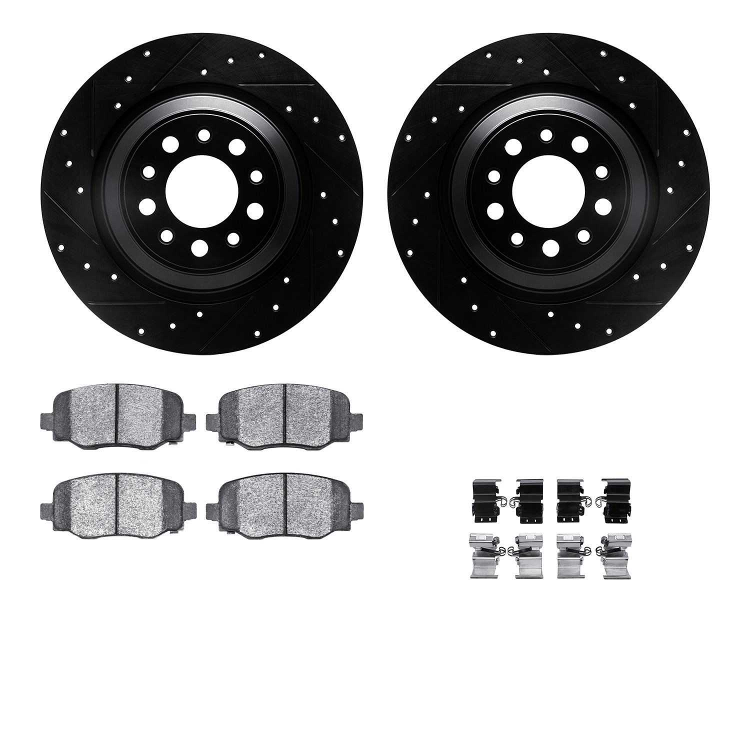 8312-42044 Drilled/Slotted Brake Rotors with 3000-Series Ceramic Brake Pads Kit & Hardware [Black], Fits Select Mopar, Position: