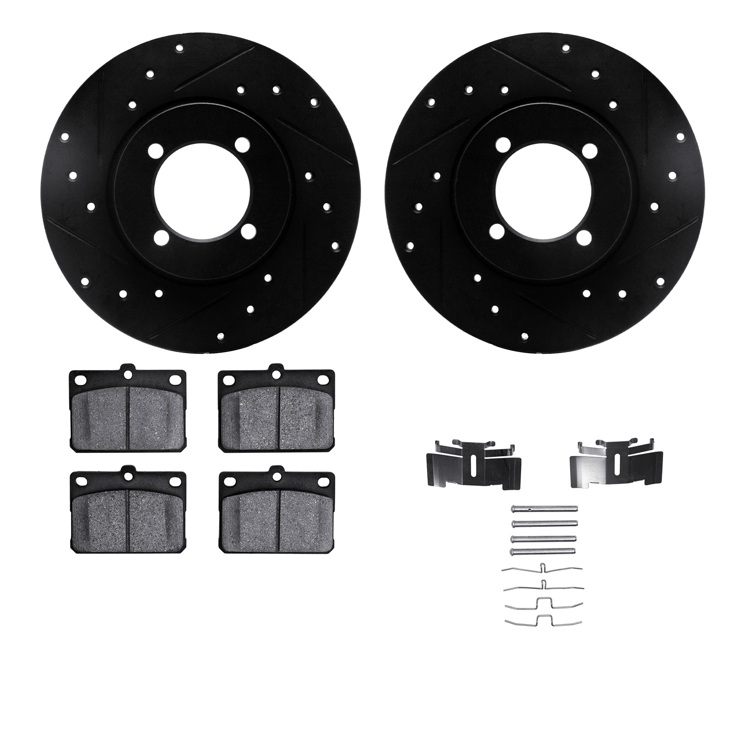 8312-43001 Drilled/Slotted Brake Rotors with 3000-Series Ceramic Brake Pads Kit & Hardware [Black], 1974-1987 Multiple Makes/Mod