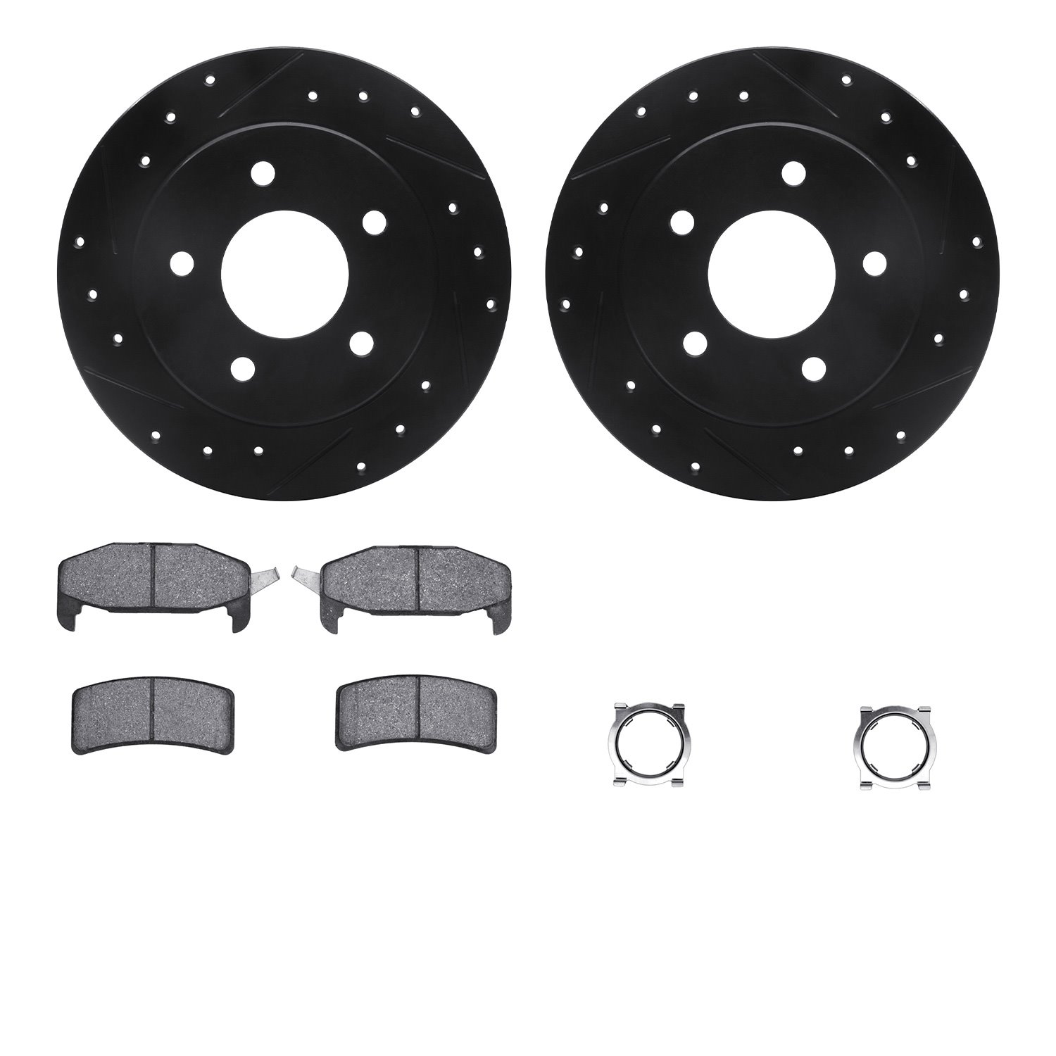 8312-45010 Drilled/Slotted Brake Rotors with 3000-Series Ceramic Brake Pads Kit & Hardware [Black], 1988-1994 GM, Position: Rear