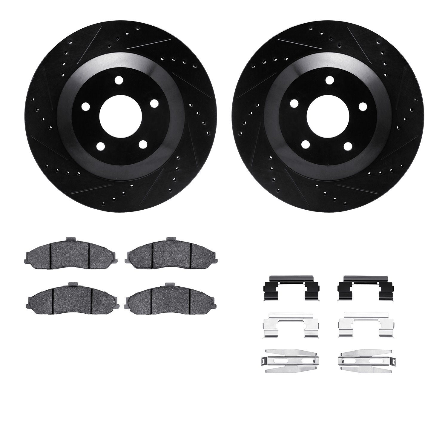 8312-46012 Drilled/Slotted Brake Rotors with 3000-Series Ceramic Brake Pads Kit & Hardware [Black], 1997-2004 GM, Position: Fron