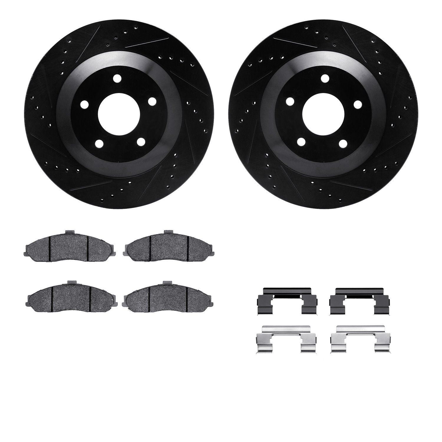 8312-46015 Drilled/Slotted Brake Rotors with 3000-Series Ceramic Brake Pads Kit & Hardware [Black], 2004-2009 GM, Position: Fron