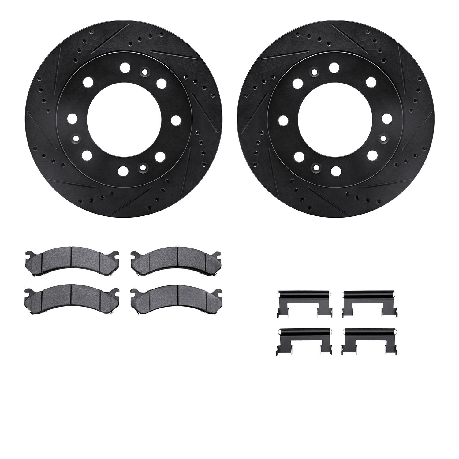 8312-46021 Drilled/Slotted Brake Rotors with 3000-Series Ceramic Brake Pads Kit & Hardware [Black], 2006-2011 GM, Position: Fron