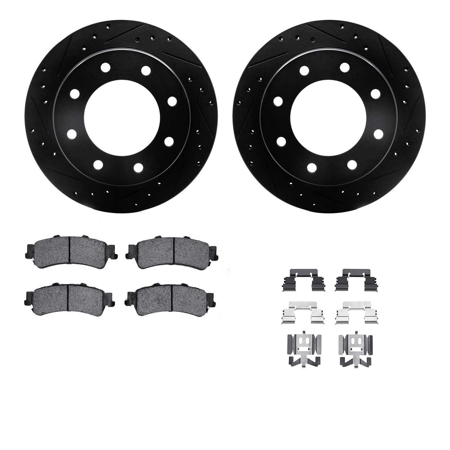 8312-46022 Drilled/Slotted Brake Rotors with 3000-Series Ceramic Brake Pads Kit & Hardware [Black], 2000-2011 GM, Position: Rear