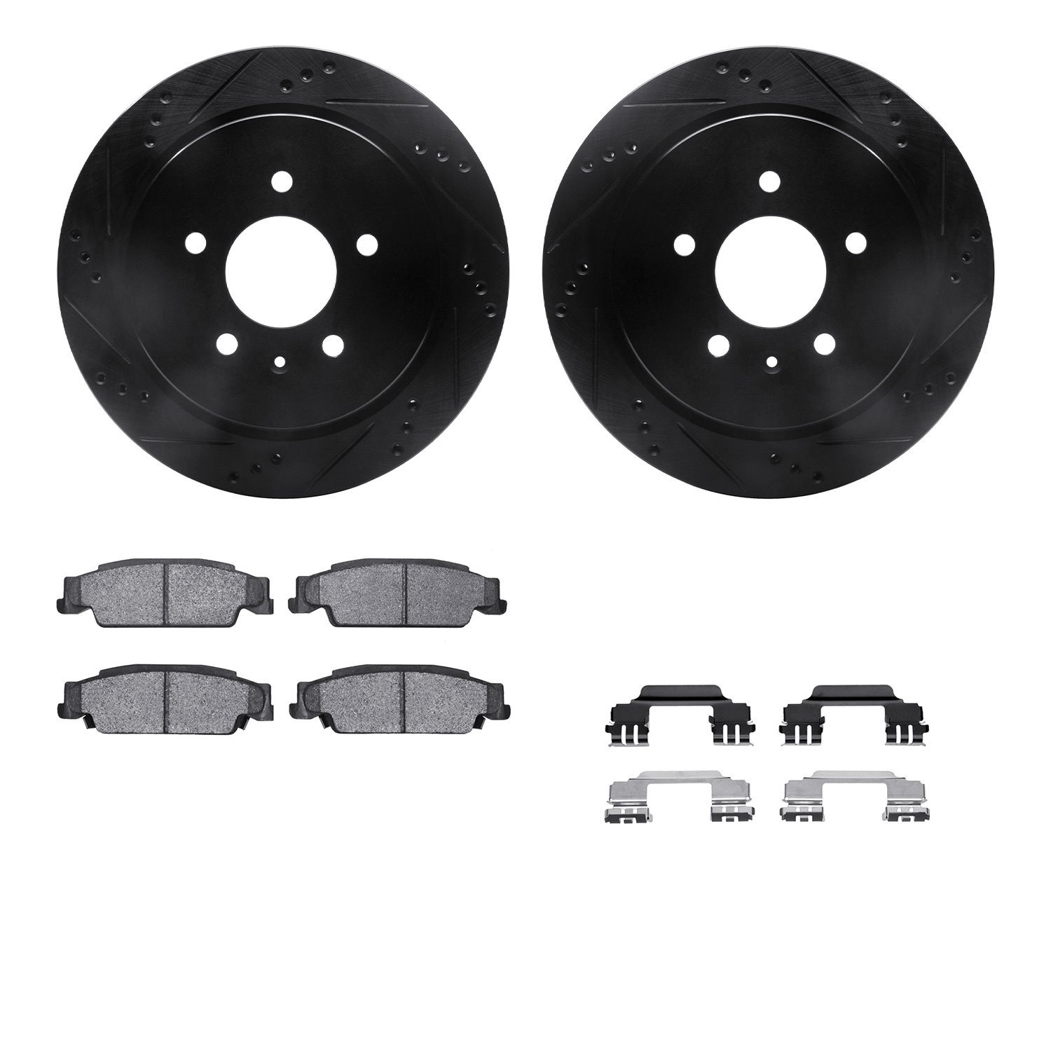 8312-46026 Drilled/Slotted Brake Rotors with 3000-Series Ceramic Brake Pads Kit & Hardware [Black], 2003-2011 GM, Position: Rear