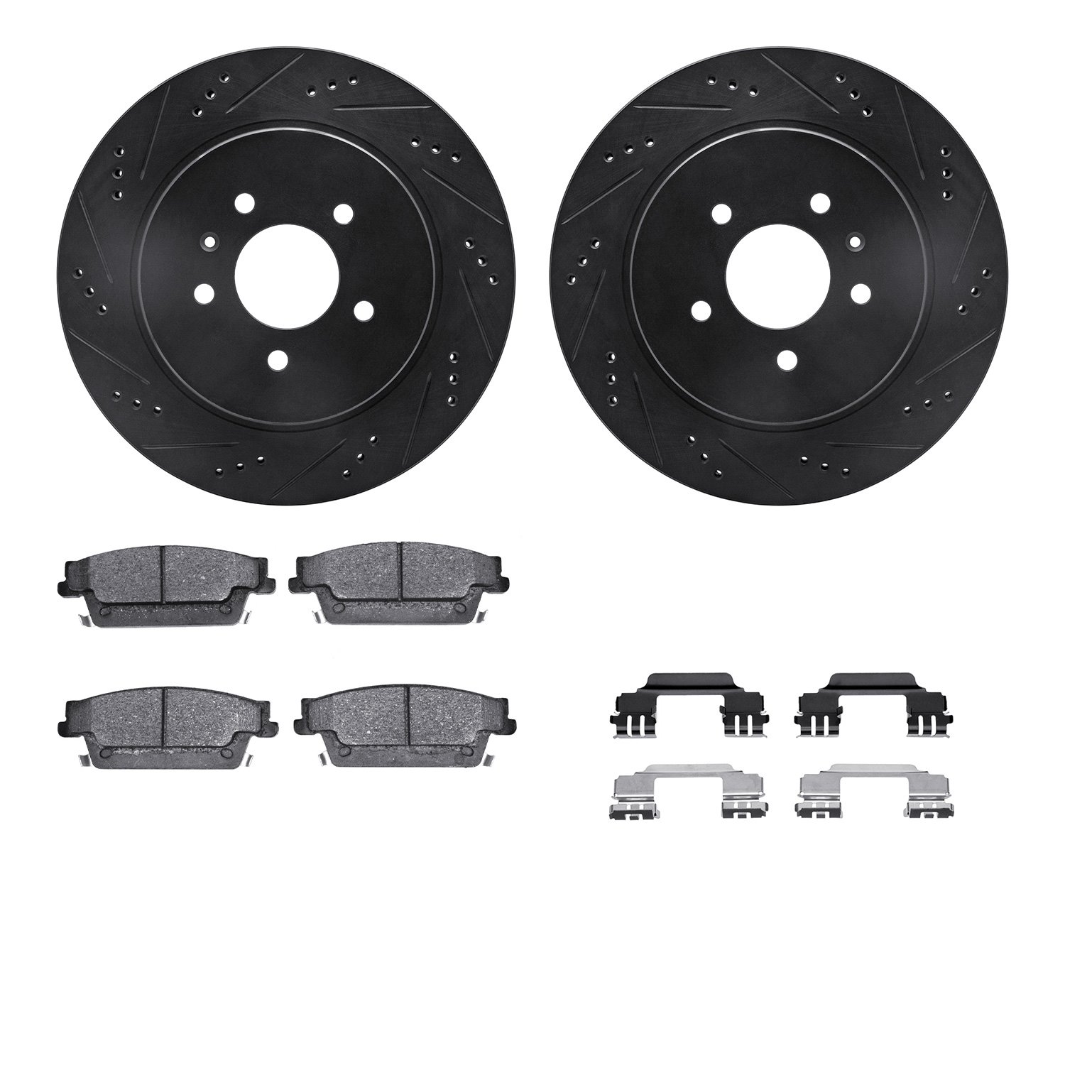 8312-46036 Drilled/Slotted Brake Rotors with 3000-Series Ceramic Brake Pads Kit & Hardware [Black], 2005-2011 GM, Position: Rear