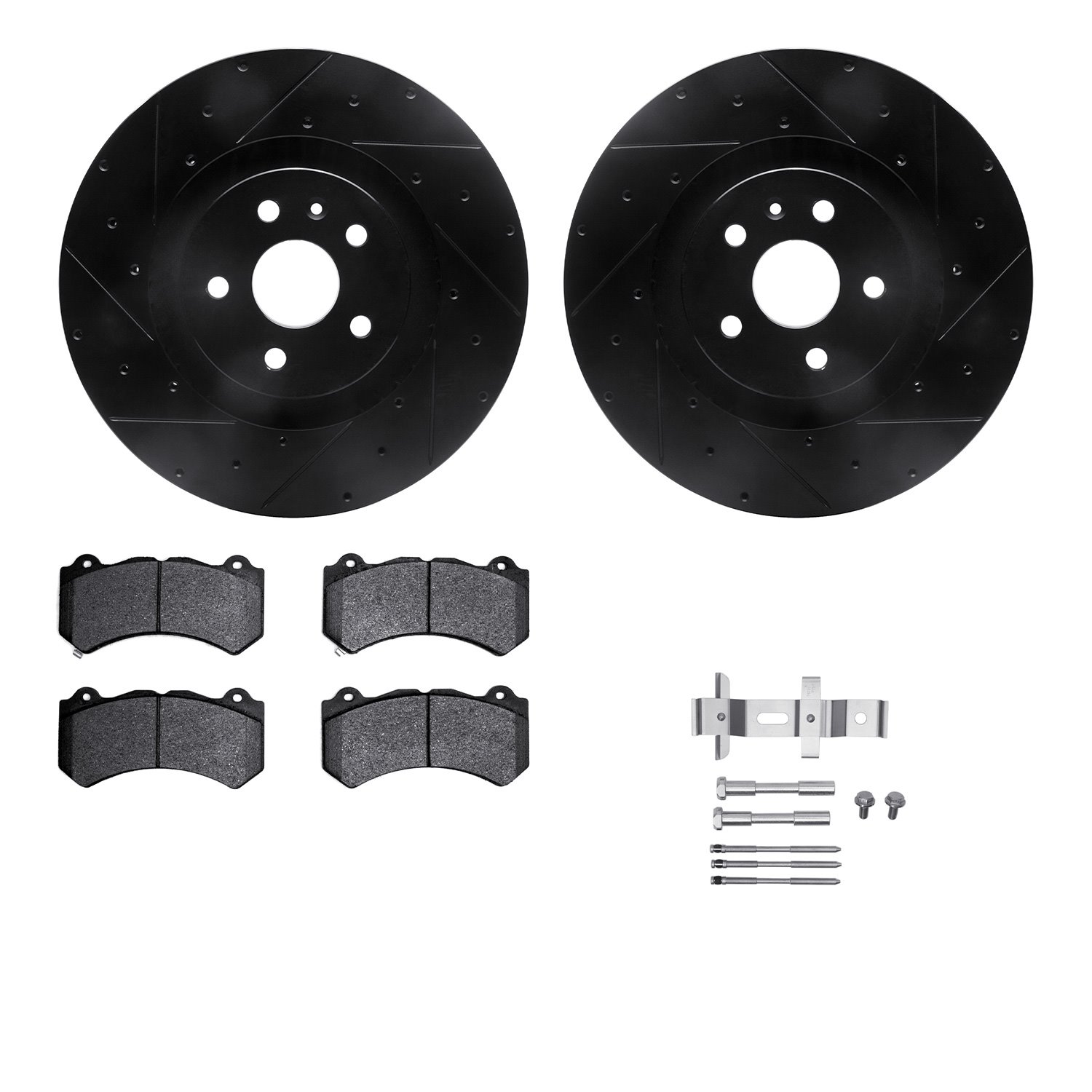 8312-46048 Drilled/Slotted Brake Rotors with 3000-Series Ceramic Brake Pads Kit & Hardware [Black], 2009-2015 GM, Position: Fron