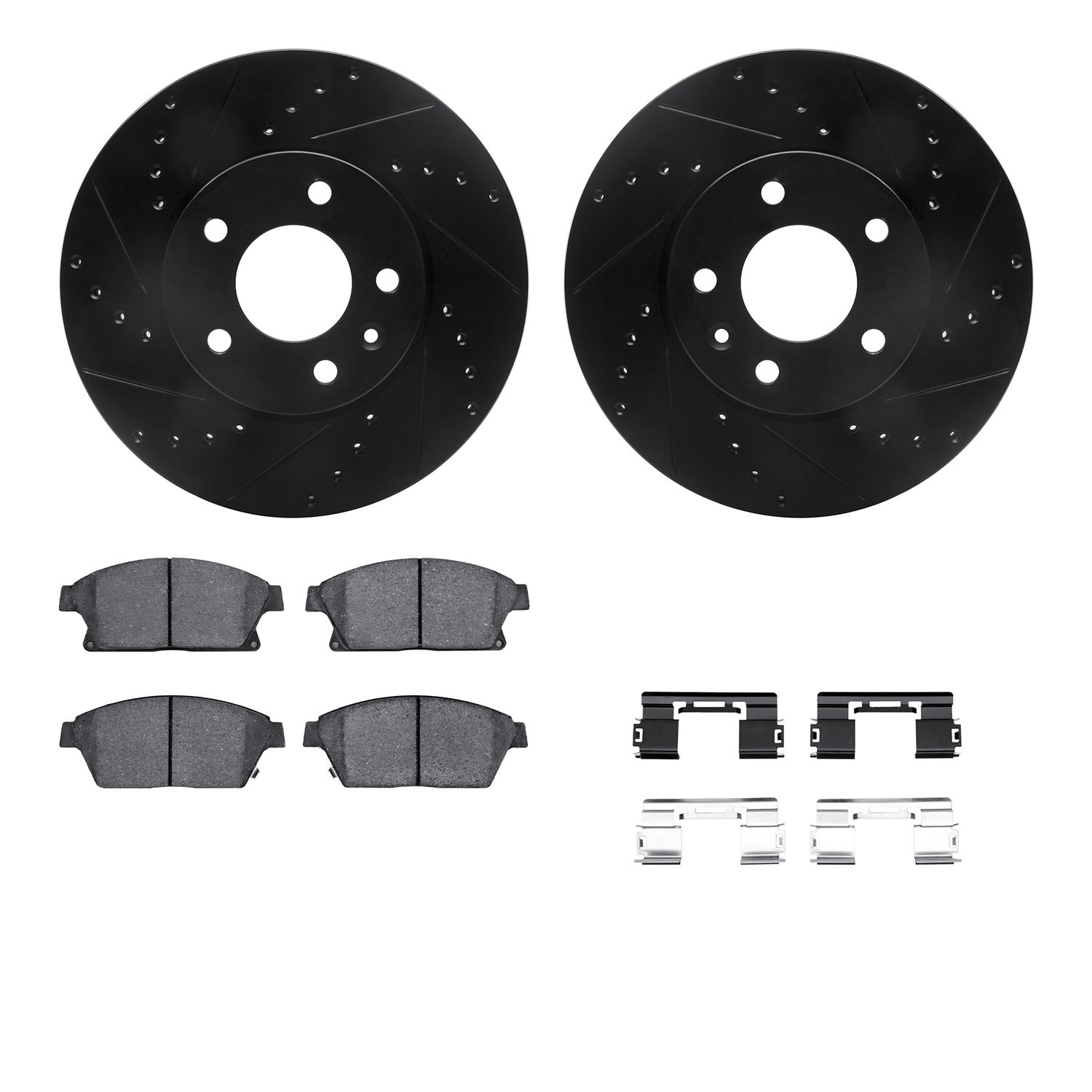 8312-46051 Drilled/Slotted Brake Rotors with 3000-Series Ceramic Brake Pads Kit & Hardware [Black], 2013-2019 GM, Position: Fron
