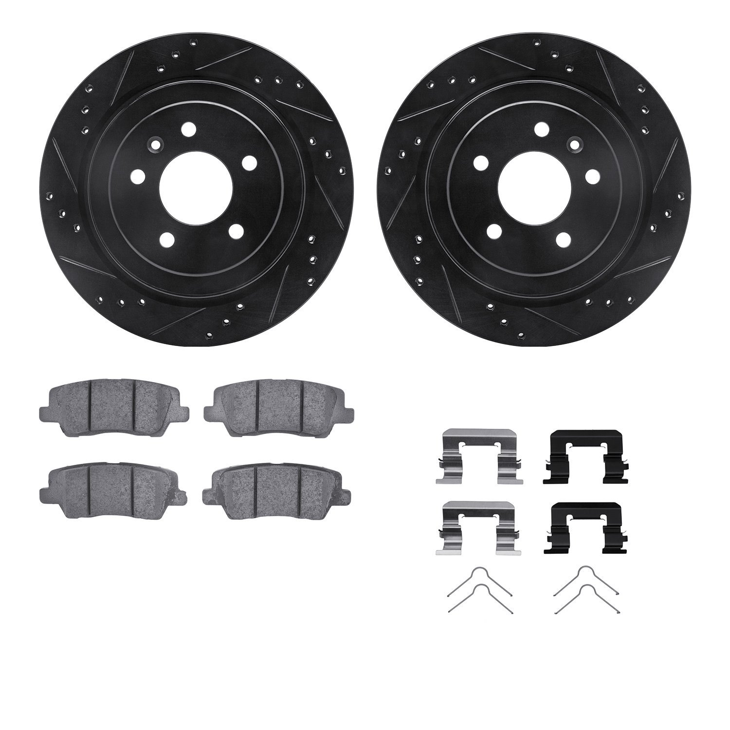 8312-46056 Drilled/Slotted Brake Rotors with 3000-Series Ceramic Brake Pads Kit & Hardware [Black], 2013-2019 GM, Position: Rear