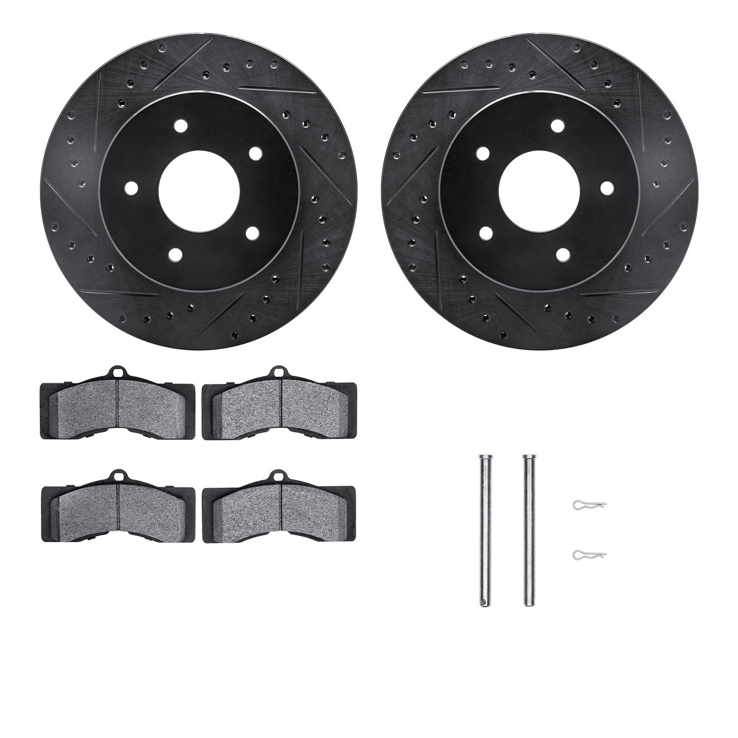 8312-47003 Drilled/Slotted Brake Rotors with 3000-Series Ceramic Brake Pads Kit & Hardware [Black], 1963-1982 GM, Position: Fron