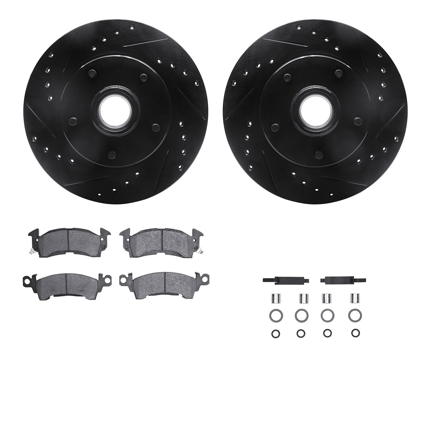 8312-47007 Drilled/Slotted Brake Rotors with 3000-Series Ceramic Brake Pads Kit & Hardware [Black], 1978-1990 GM, Position: Fron