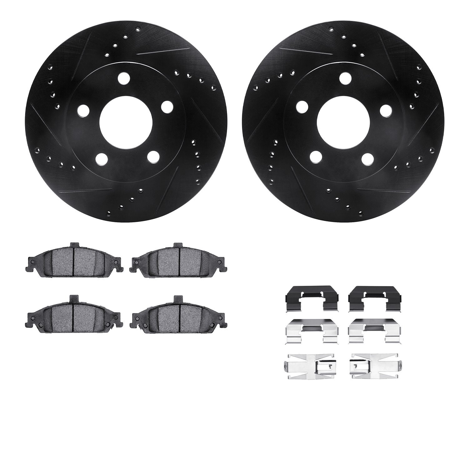 8312-47044 Drilled/Slotted Brake Rotors with 3000-Series Ceramic Brake Pads Kit & Hardware [Black], 1997-2005 GM, Position: Fron