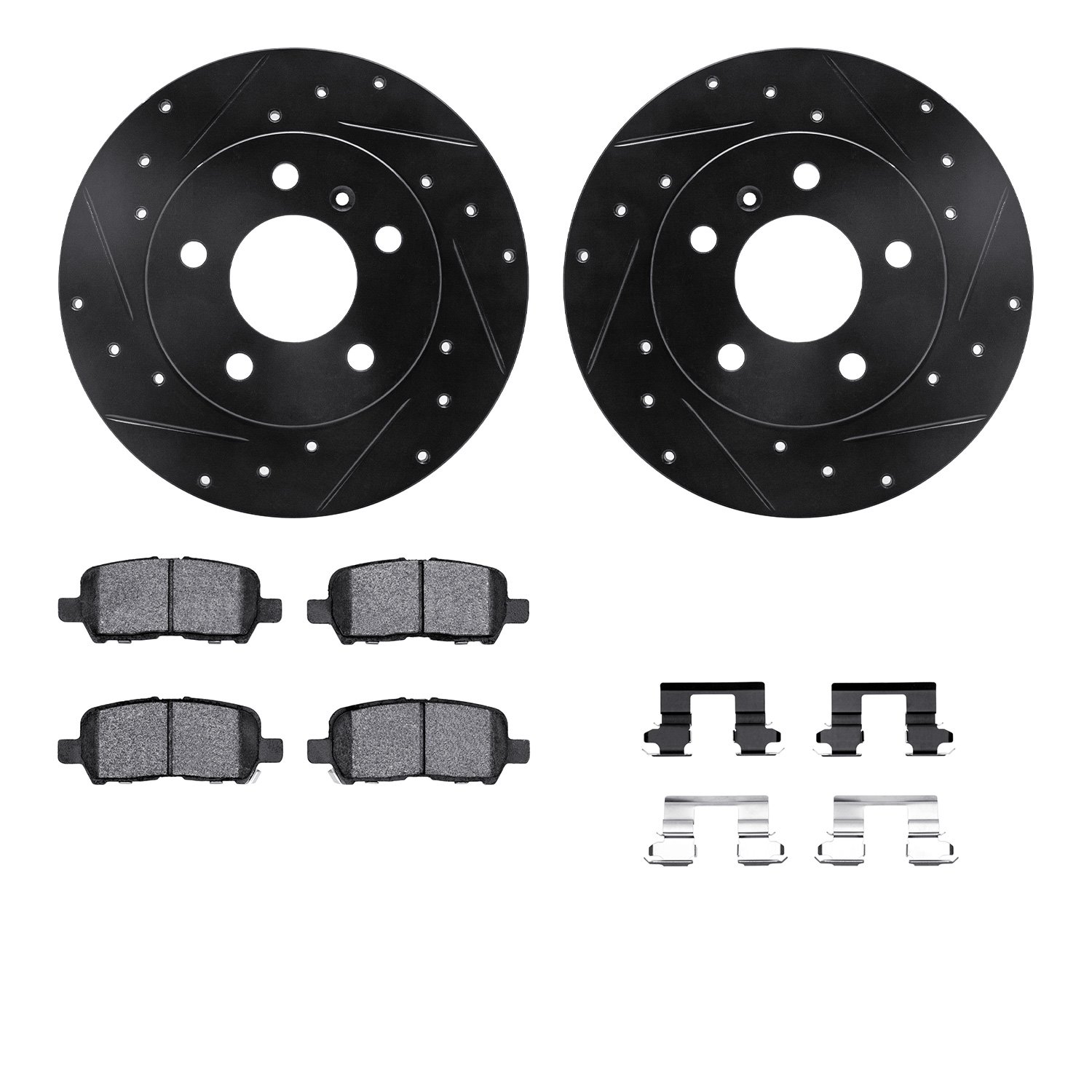 8312-47049 Drilled/Slotted Brake Rotors with 3000-Series Ceramic Brake Pads Kit & Hardware [Black], 2004-2016 GM, Position: Rear