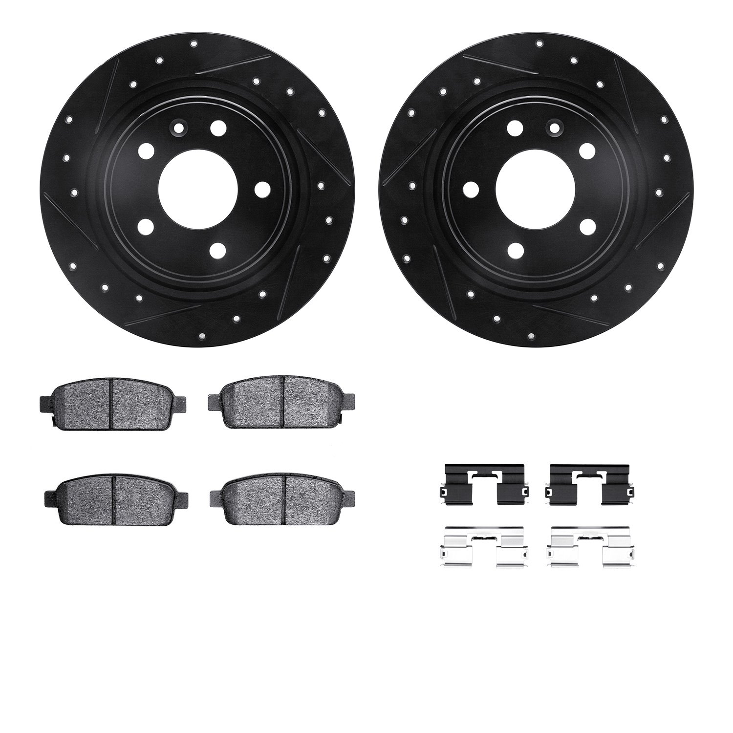 8312-47064 Drilled/Slotted Brake Rotors with 3000-Series Ceramic Brake Pads Kit & Hardware [Black], 2011-2019 GM, Position: Rear