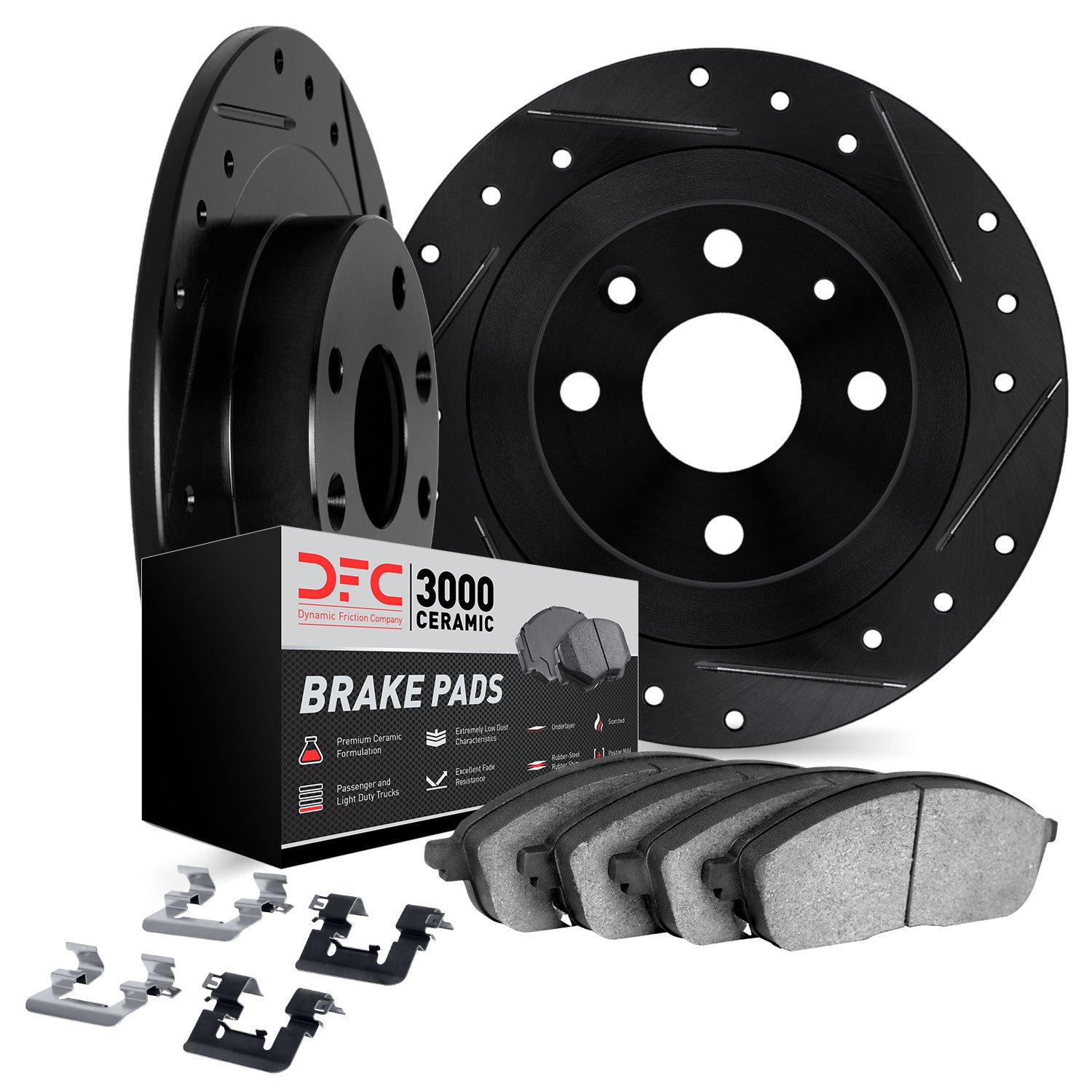 8312-47069 Drilled/Slotted Brake Rotors with 3000-Series Ceramic Brake Pads Kit & Hardware [Black], 2014-2016 GM, Position: Rear
