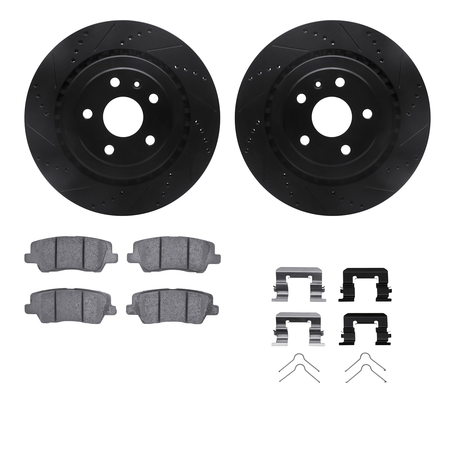 8312-47070 Drilled/Slotted Brake Rotors with 3000-Series Ceramic Brake Pads Kit & Hardware [Black], 2015-2019 GM, Position: Rear